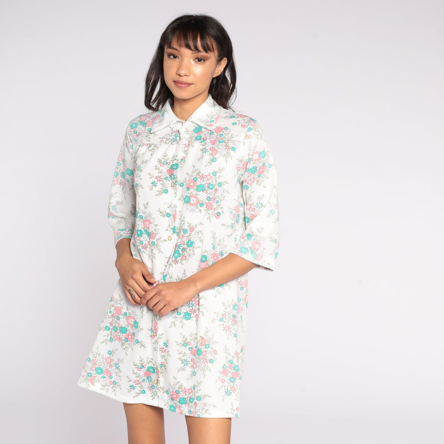 60s Floral Print Shift Dress White Button-Up Lounge Tunic Medium Large