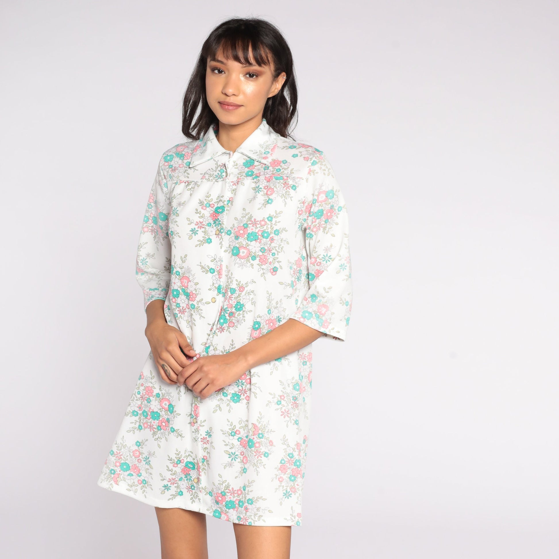 60s Floral Print Shift Dress White Button-Up Lounge Tunic Medium Large