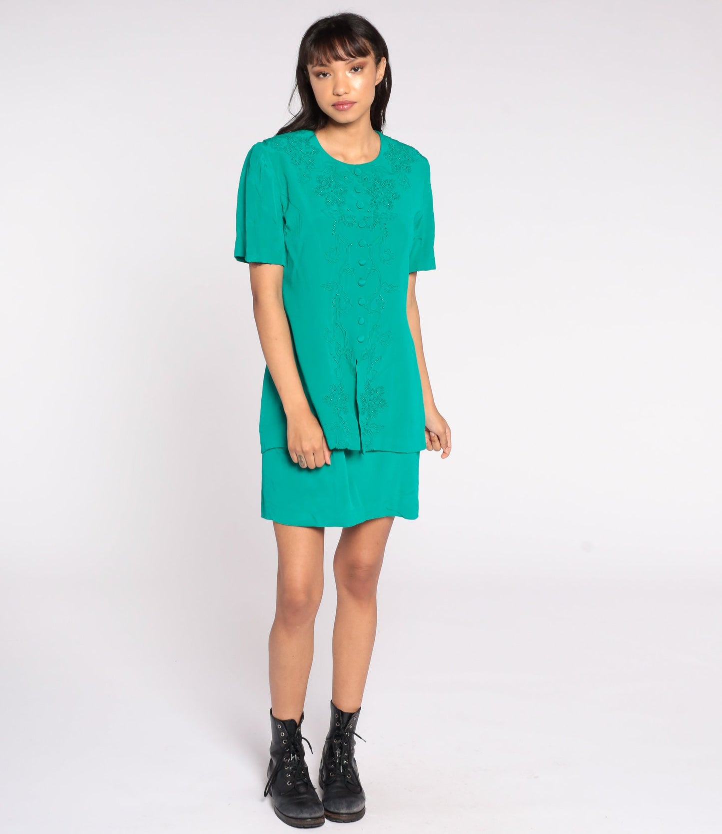 90s Green Beaded Soutache Mini Dress Button-Up Sheath Short Sleeve Medium