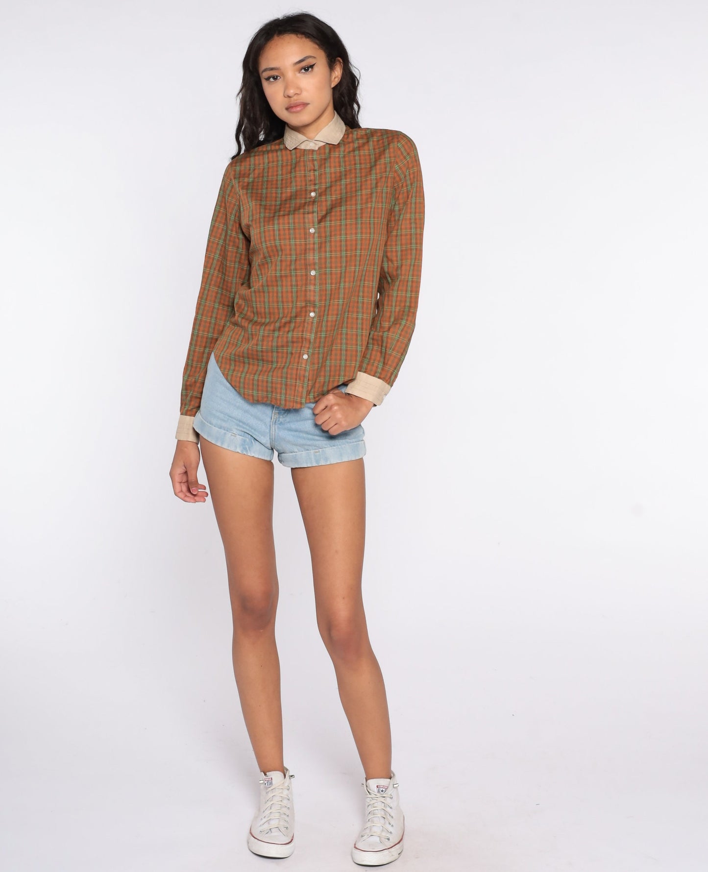 80s Brown Plaid Button-Up Blouse Long Sleeve Chest Pocket Medium