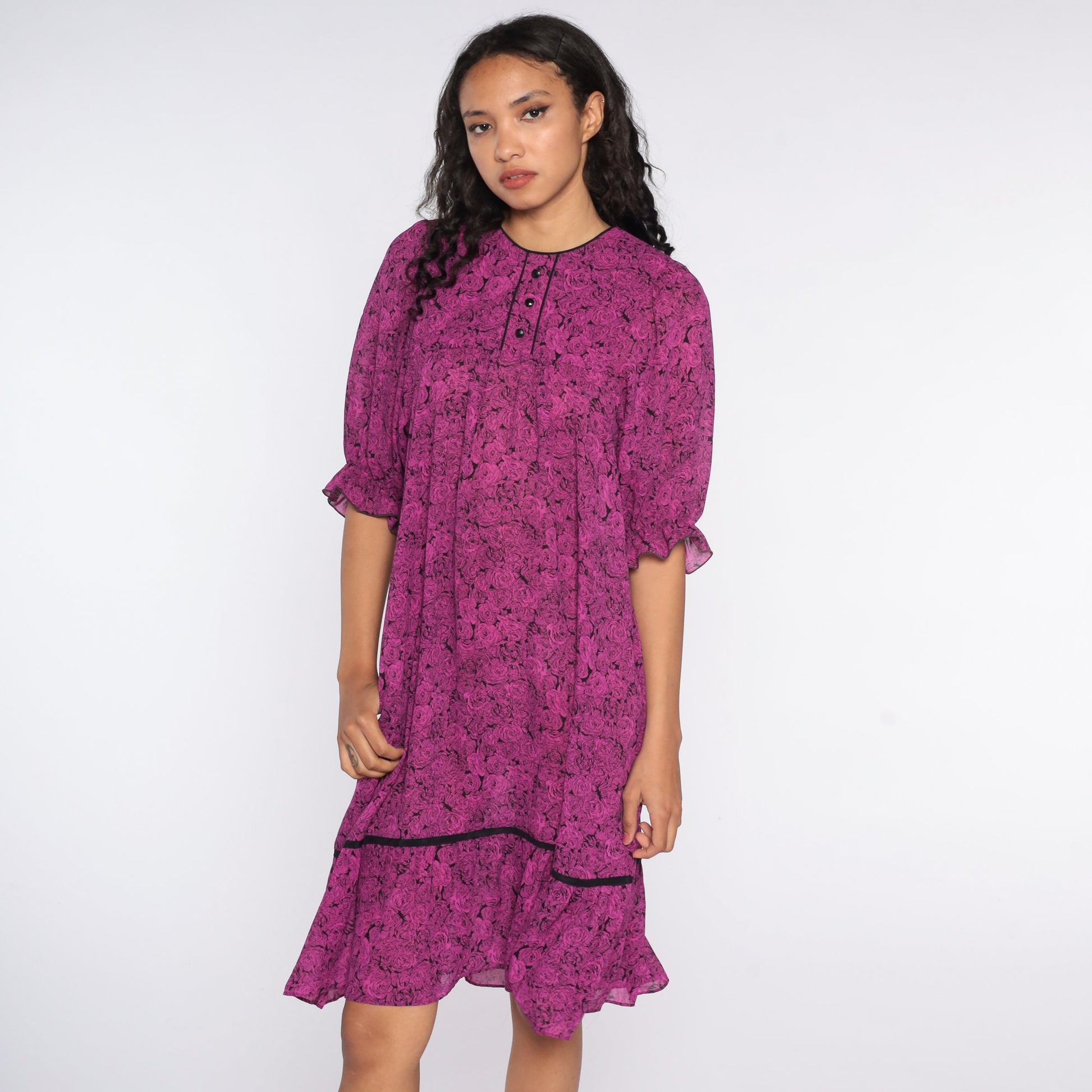 80s Purple Floral Tent Dress Half-Sleeve Trapeze Midi Small