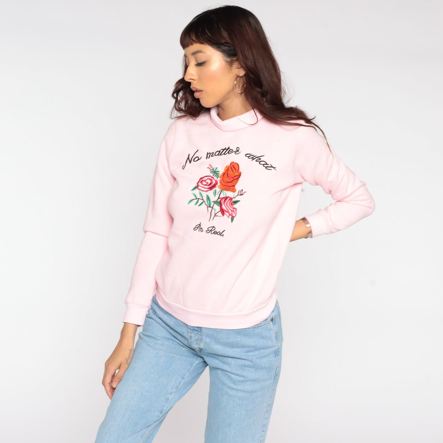 80s No Matter What I'm Real Sweatshirt Floral Embroidered Mock Neck Pink Extra Small
