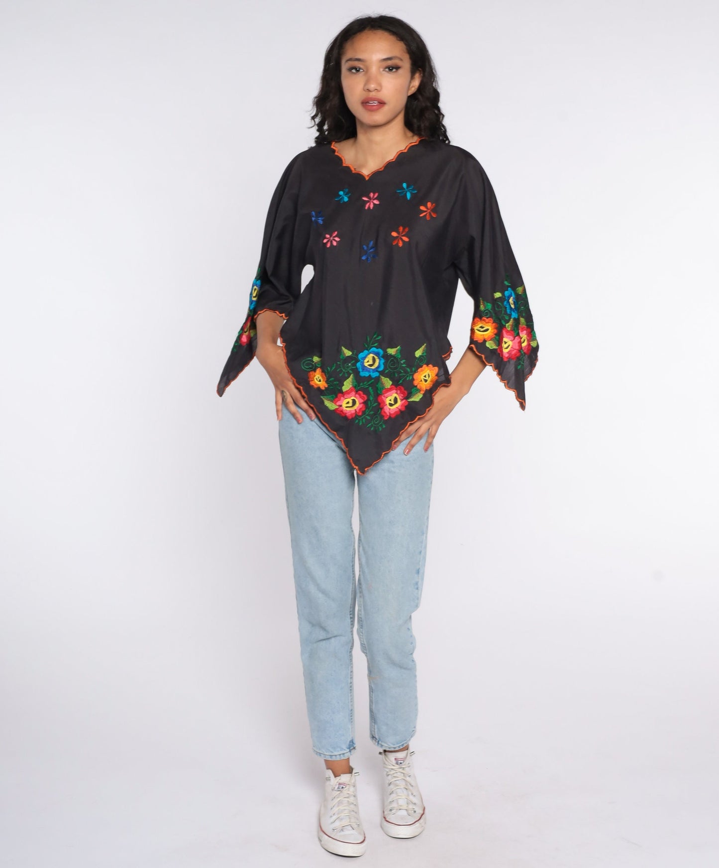 90s Black Floral Embroidered Bell Sleeve Tunic Top Small Medium