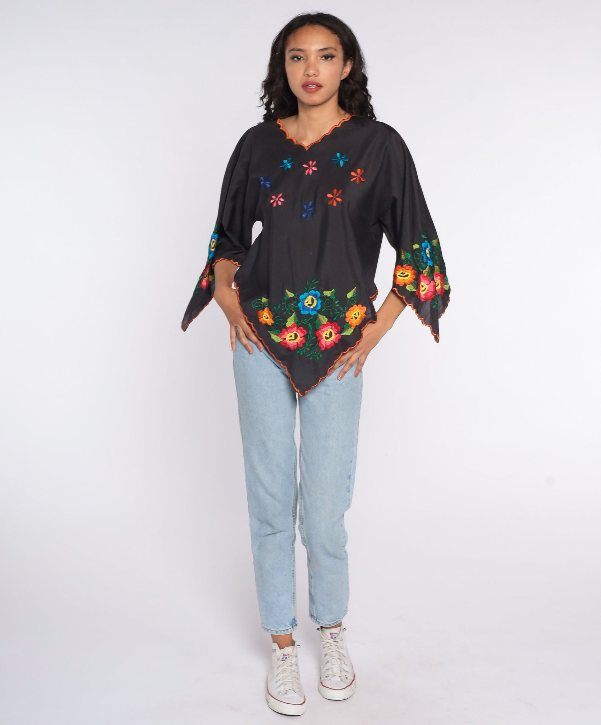 90s Black Floral Embroidered Bell Sleeve Tunic Top Small Medium