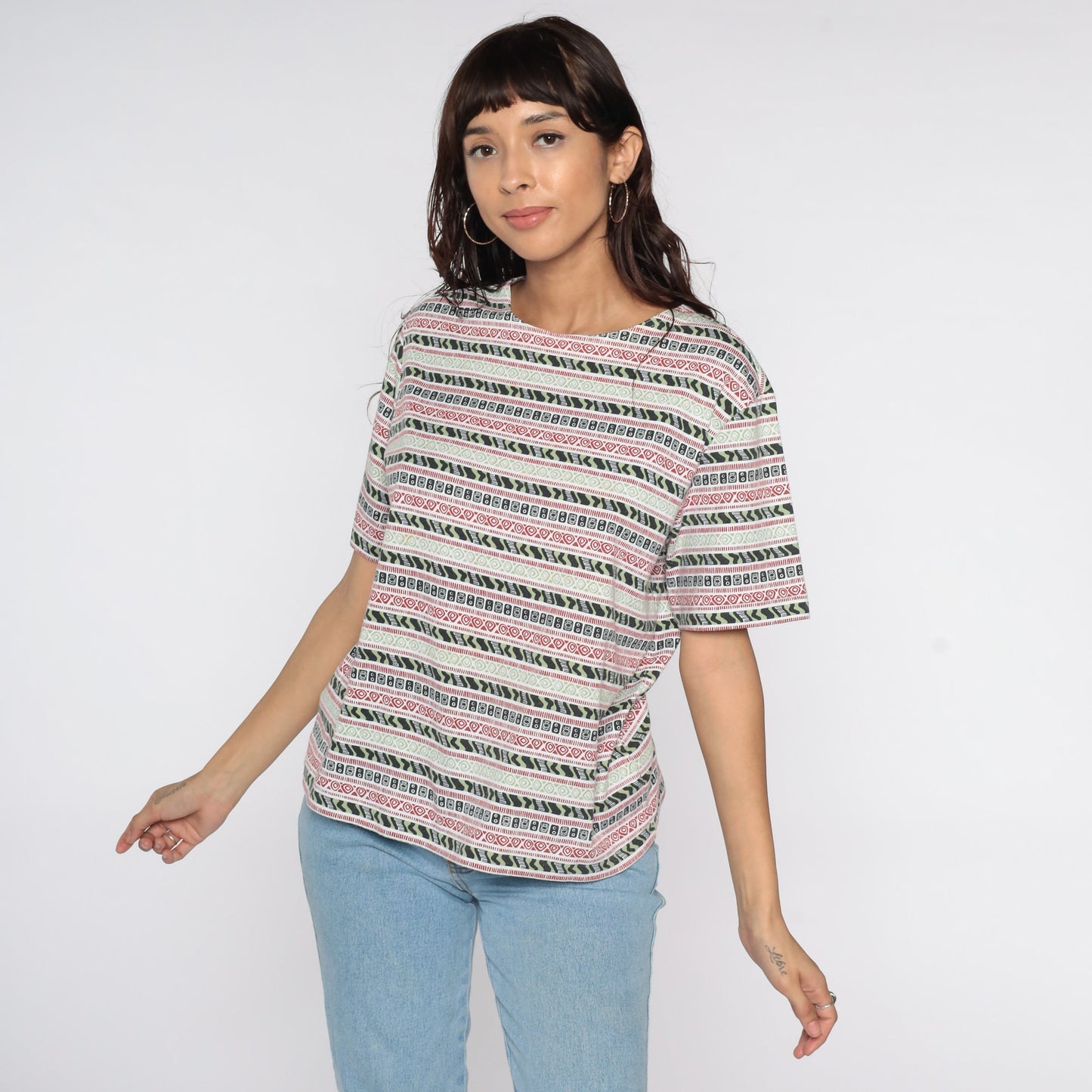 90s Cabin Creek Geometric Striped T-Shirt Grey Cotton Medium