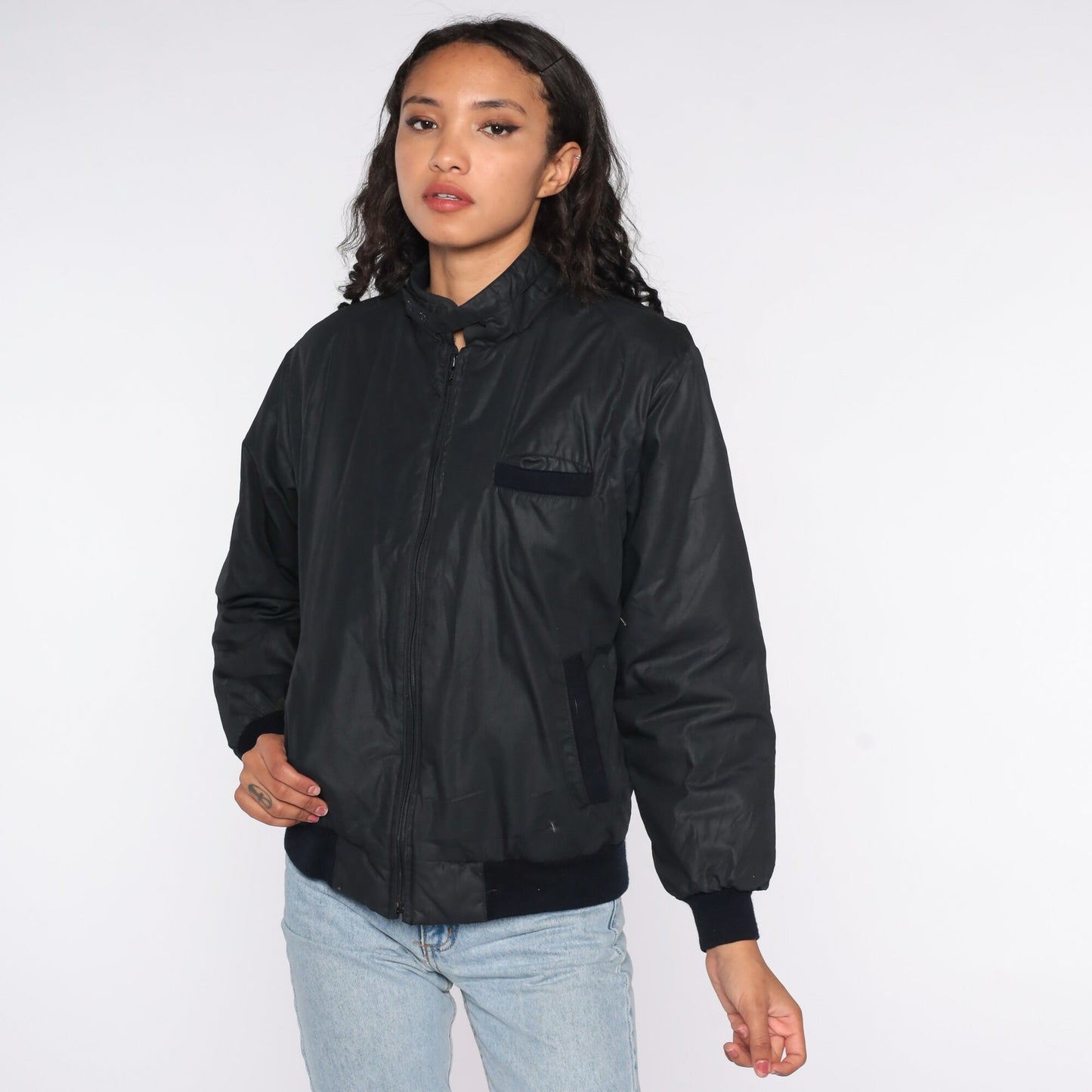 80s Black Bomber Jacket Epaulette Windbreaker Cafe Racer Small