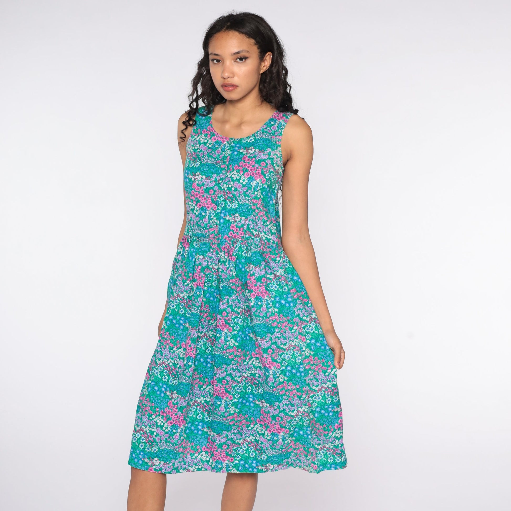 90s Kathy Sunada Floral Jumper Dress Green Midi Button Front Small