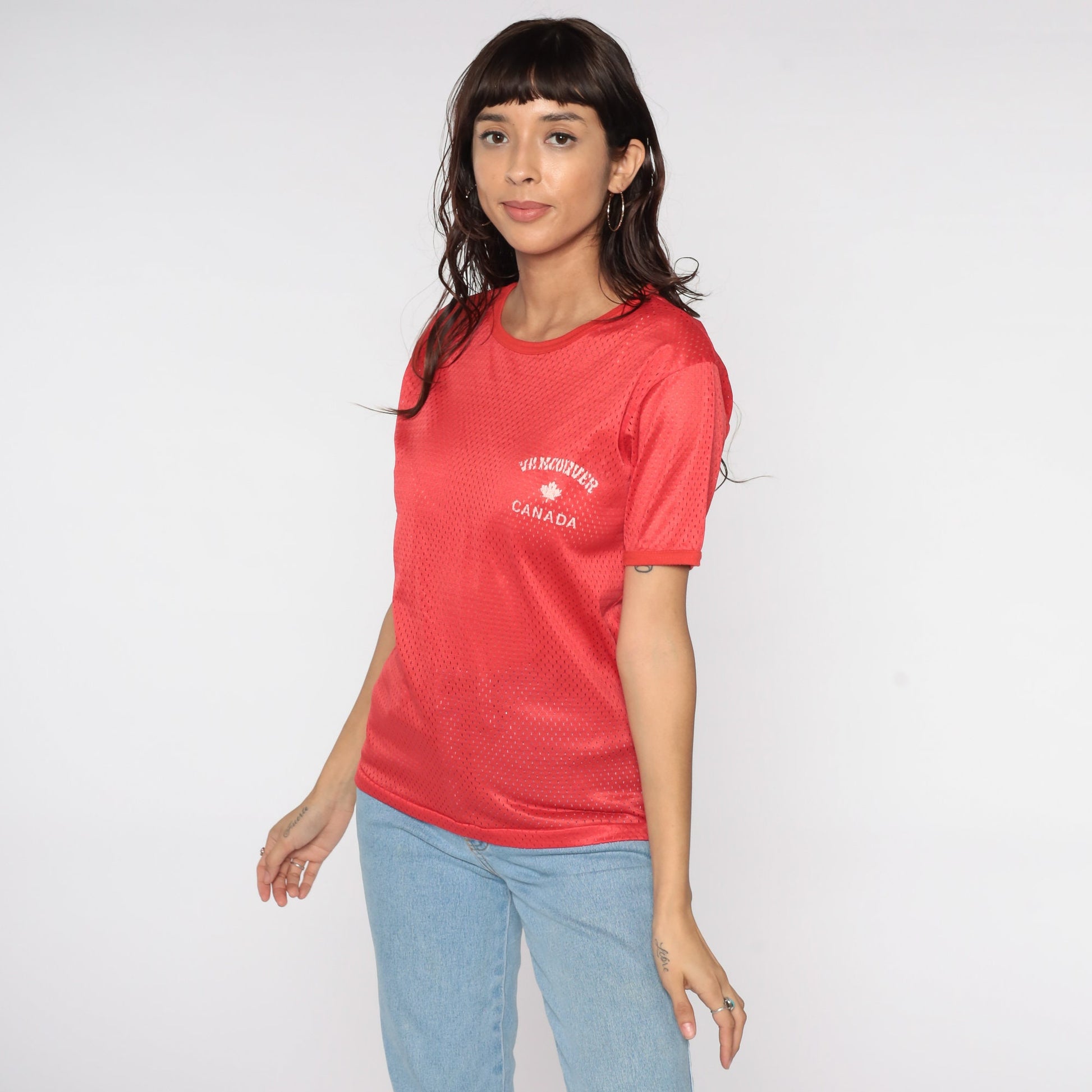 80s Vancouver Canada Mesh Jersey Shirt Red Maple Leaf Athletic Tee Small