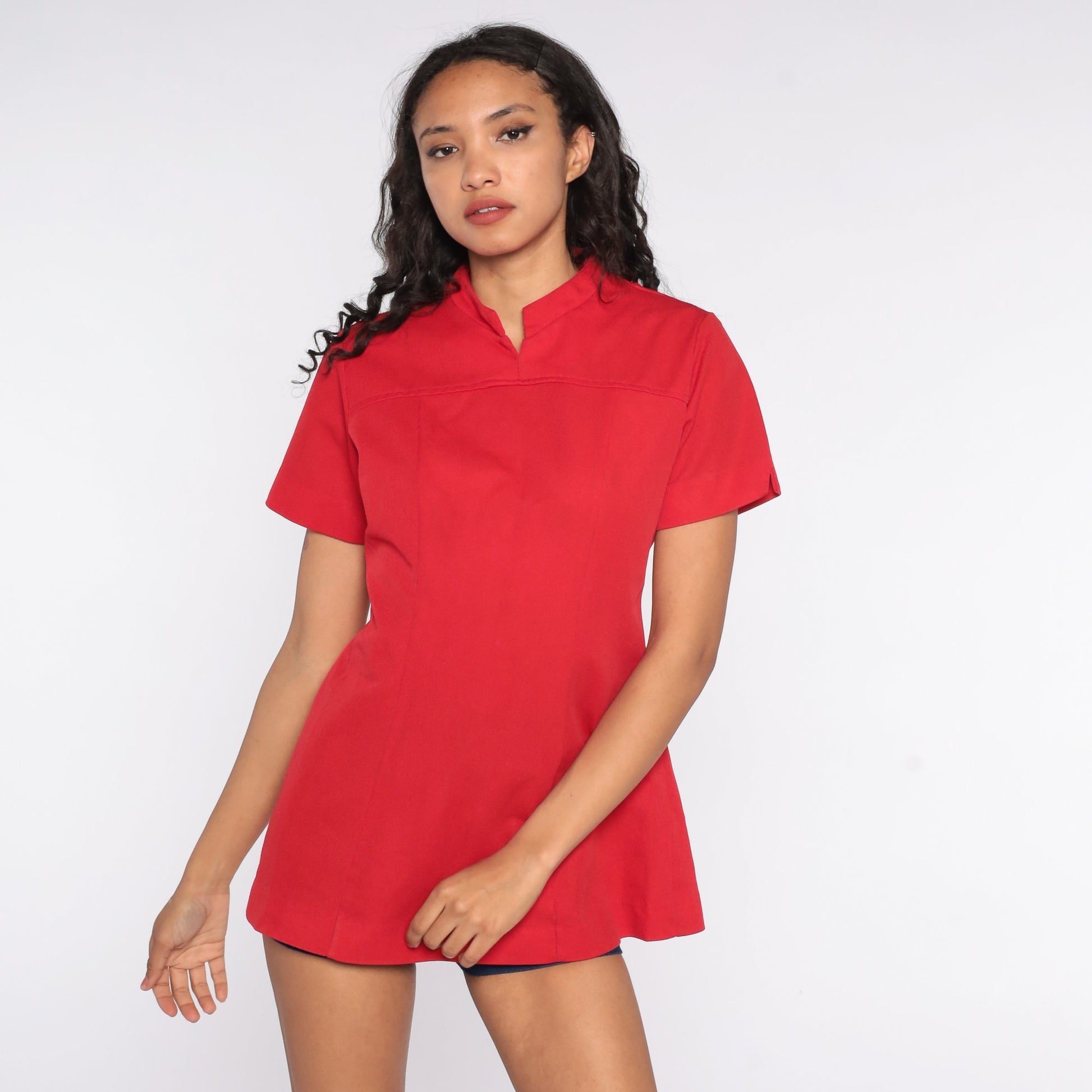 70s Red Mandarin Collar Shirt Polyester Short Sleeve Blouse Medium