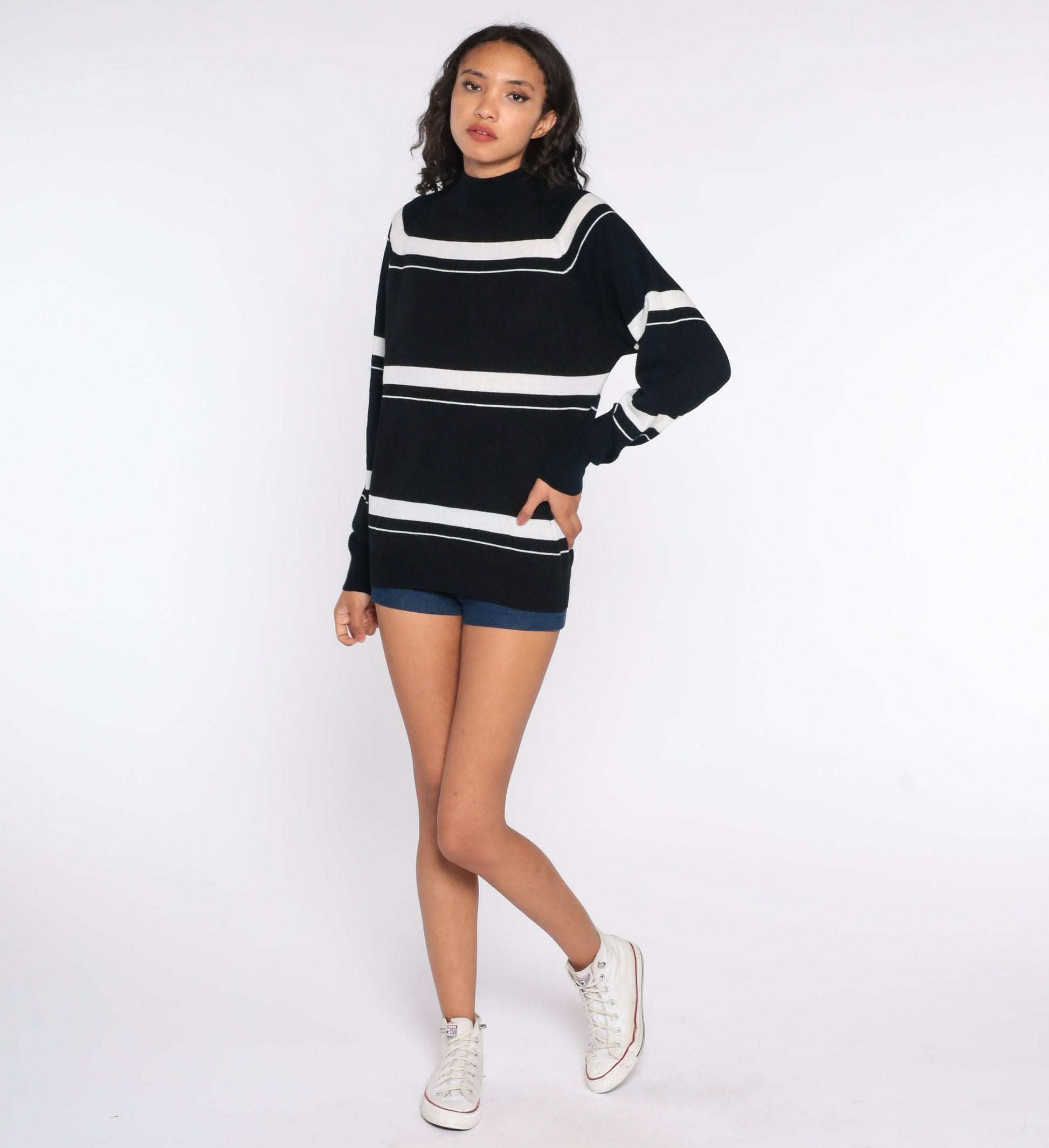 70s Black Striped Knit Sweater Mock Neck Pullover Large