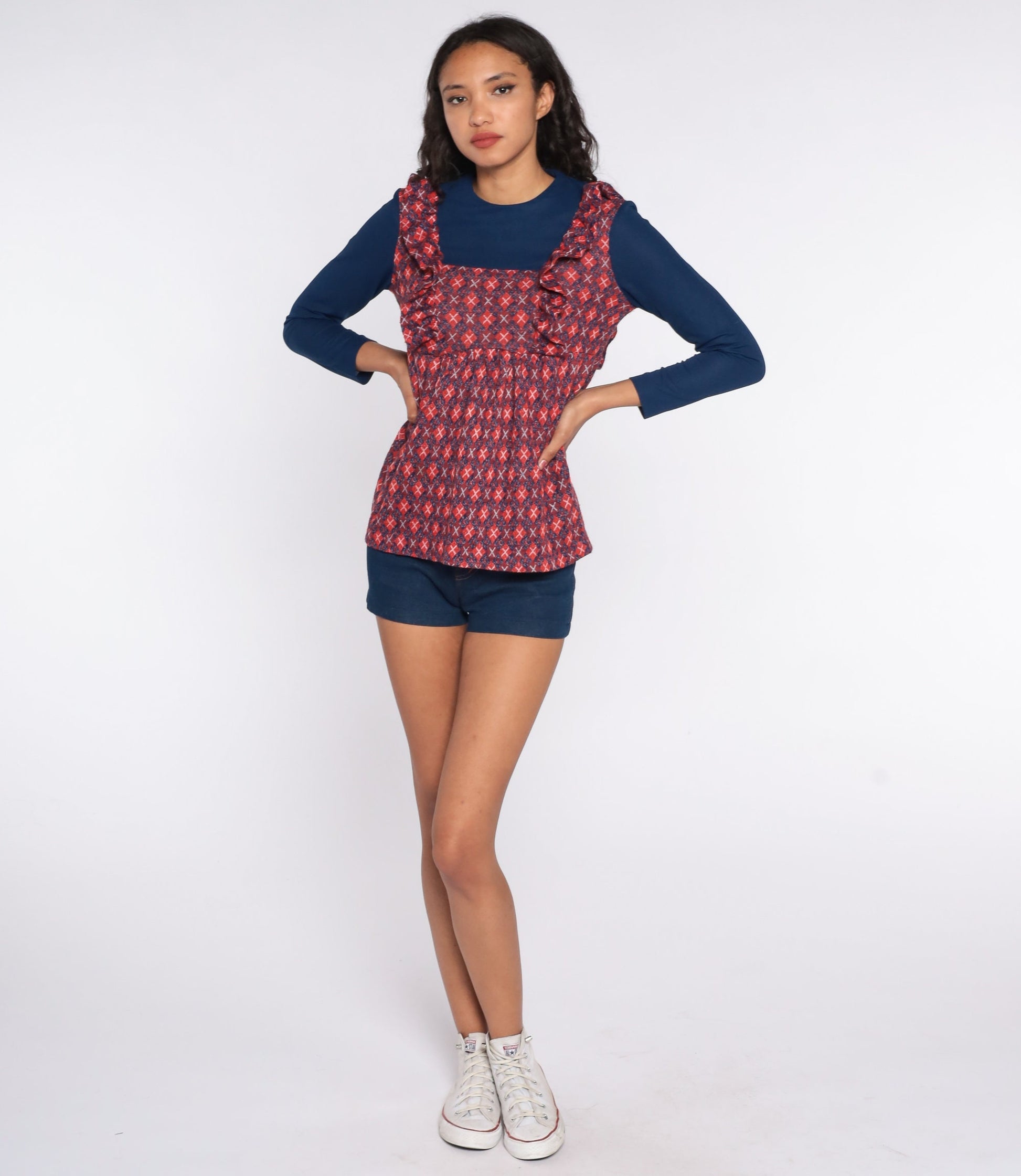 70s Plaid Babydoll Top Ruffled Long Sleeve Checkered Tunic Blue Red Medium