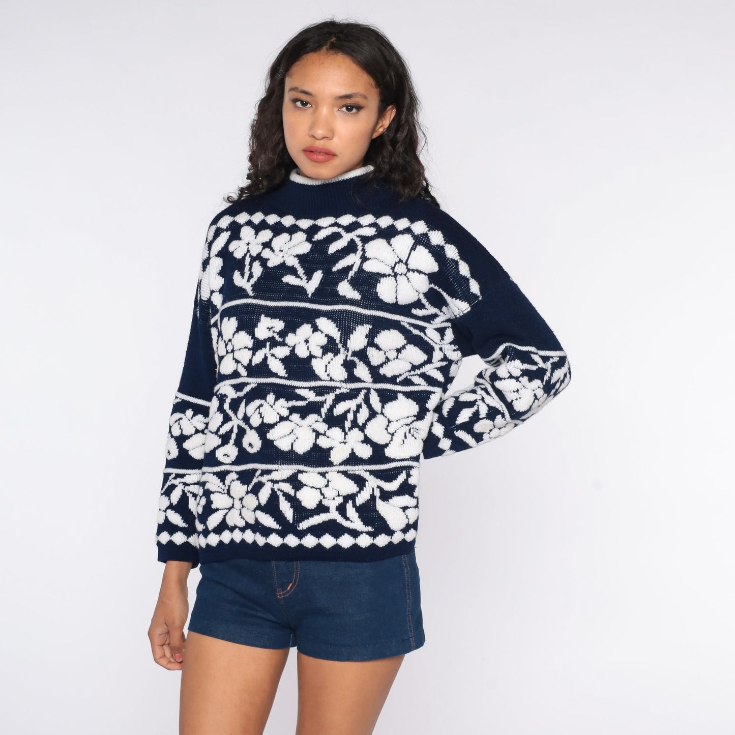 80s Floral Mock Neck Sweater Navy Blue Pullover Large
