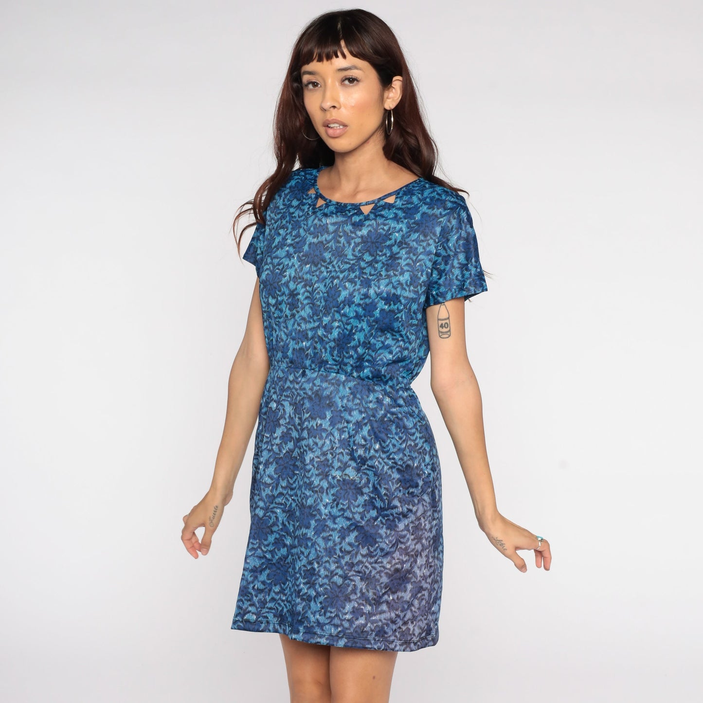 1970s Blue Floral Sheath Dress High Waist Mini Cap Sleeve Medium
