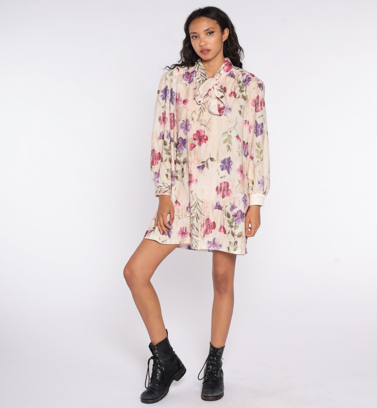 70s Floral Necktie Mini Dress Plus Size Long Sleeve Pullover XXL