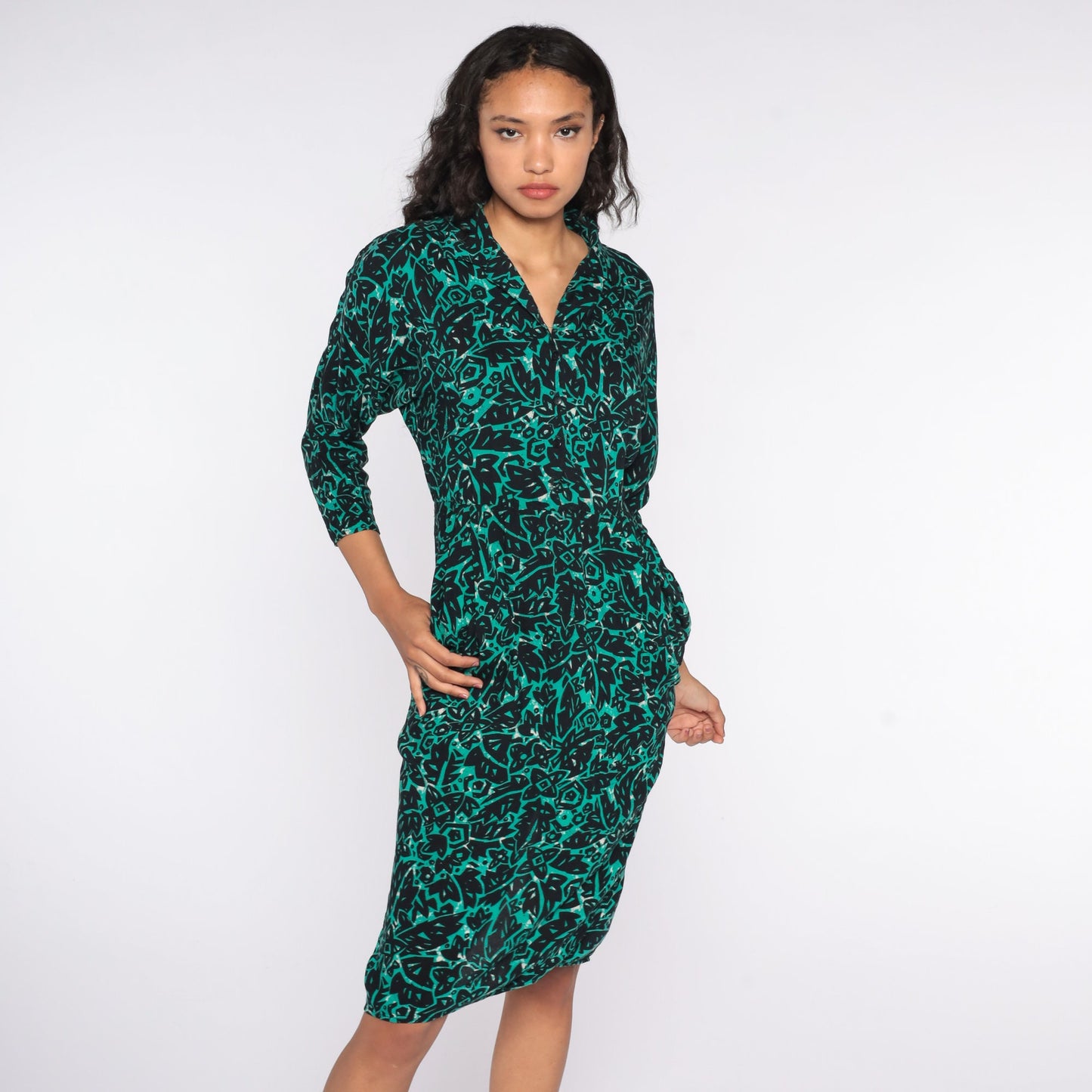 80s Tropical Jungle Print Midi Dress High Waisted Pencil Button Up Green Small