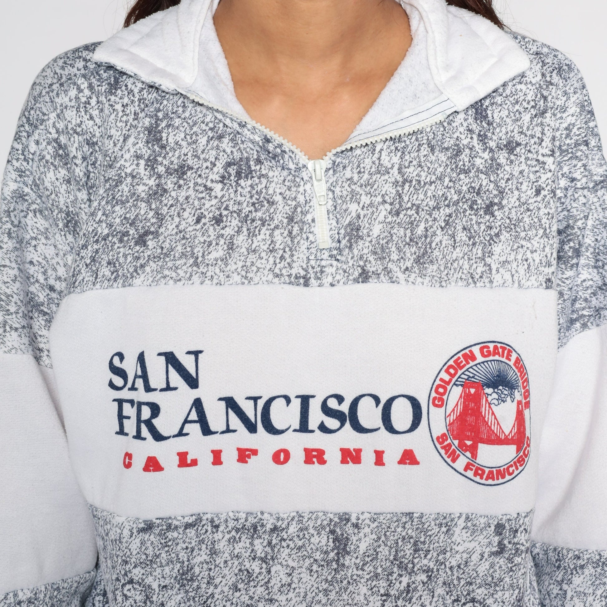 80s San Francisco Golden Gate Bridge Quarter Zip Sweatshirt Grey Large L