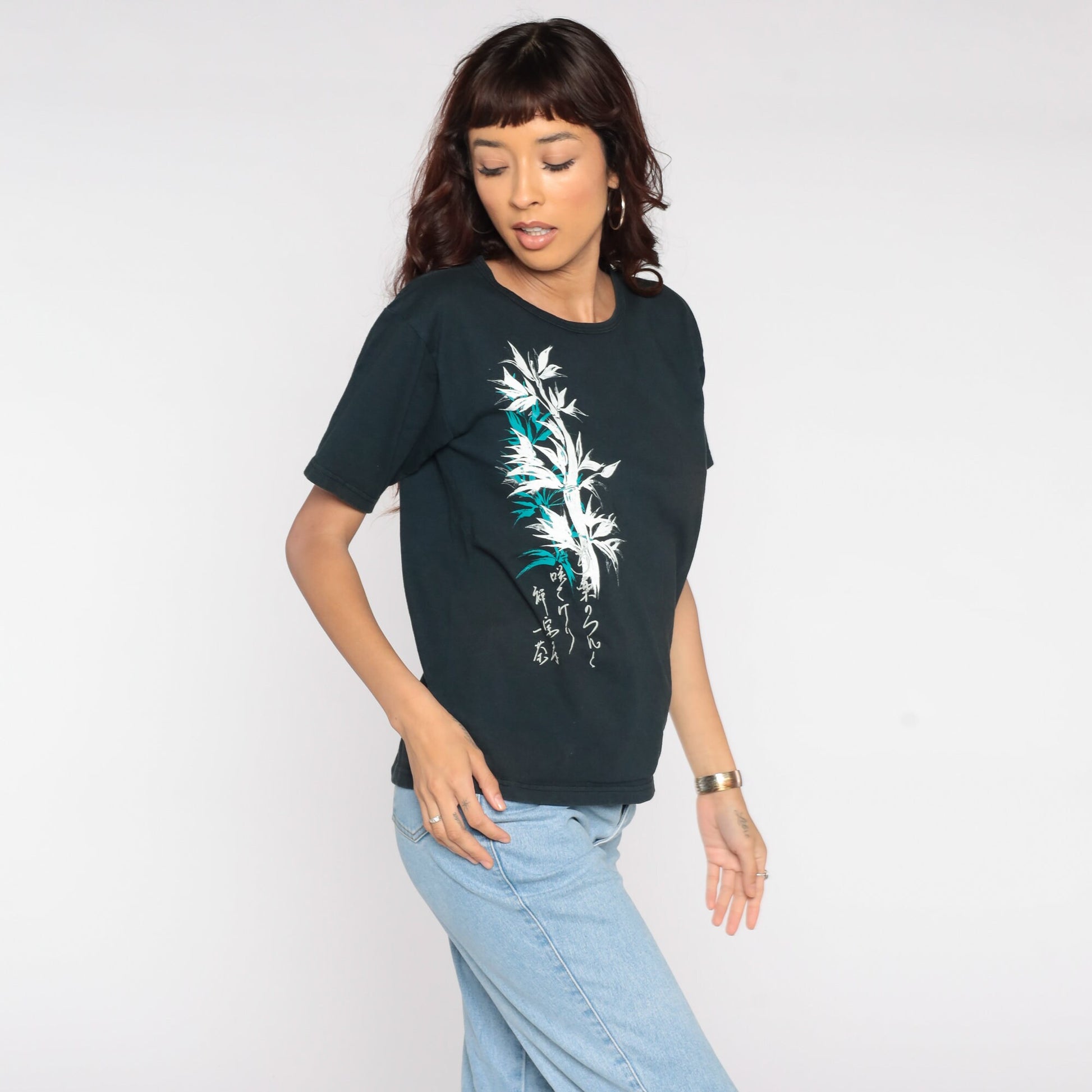 90s Bamboo Print Graphic T-Shirt Black Cotton Tee Medium