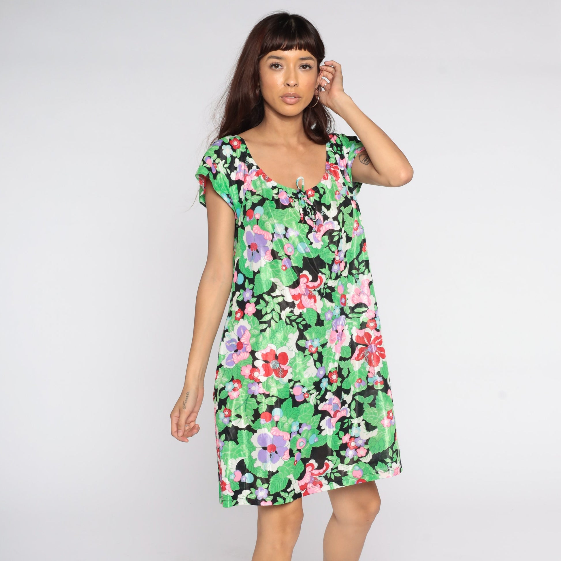 70s Floral Mini Dress Tent Cut Hippie Peasant Vintage Summer Medium Large