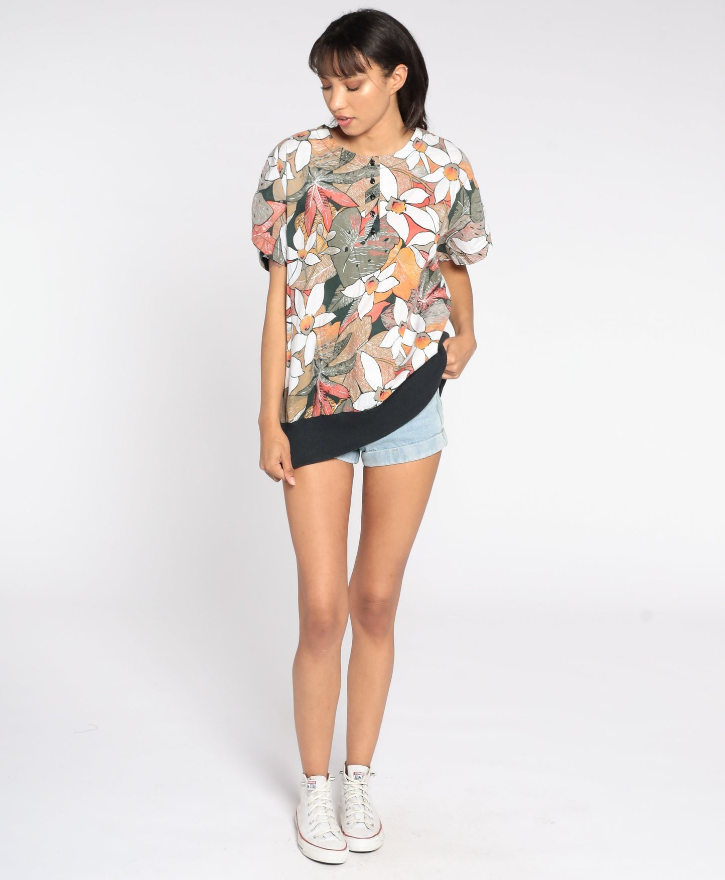 80s Tropical Floral Button-Up Blouse Short Sleeve Shirt Extra Large XL