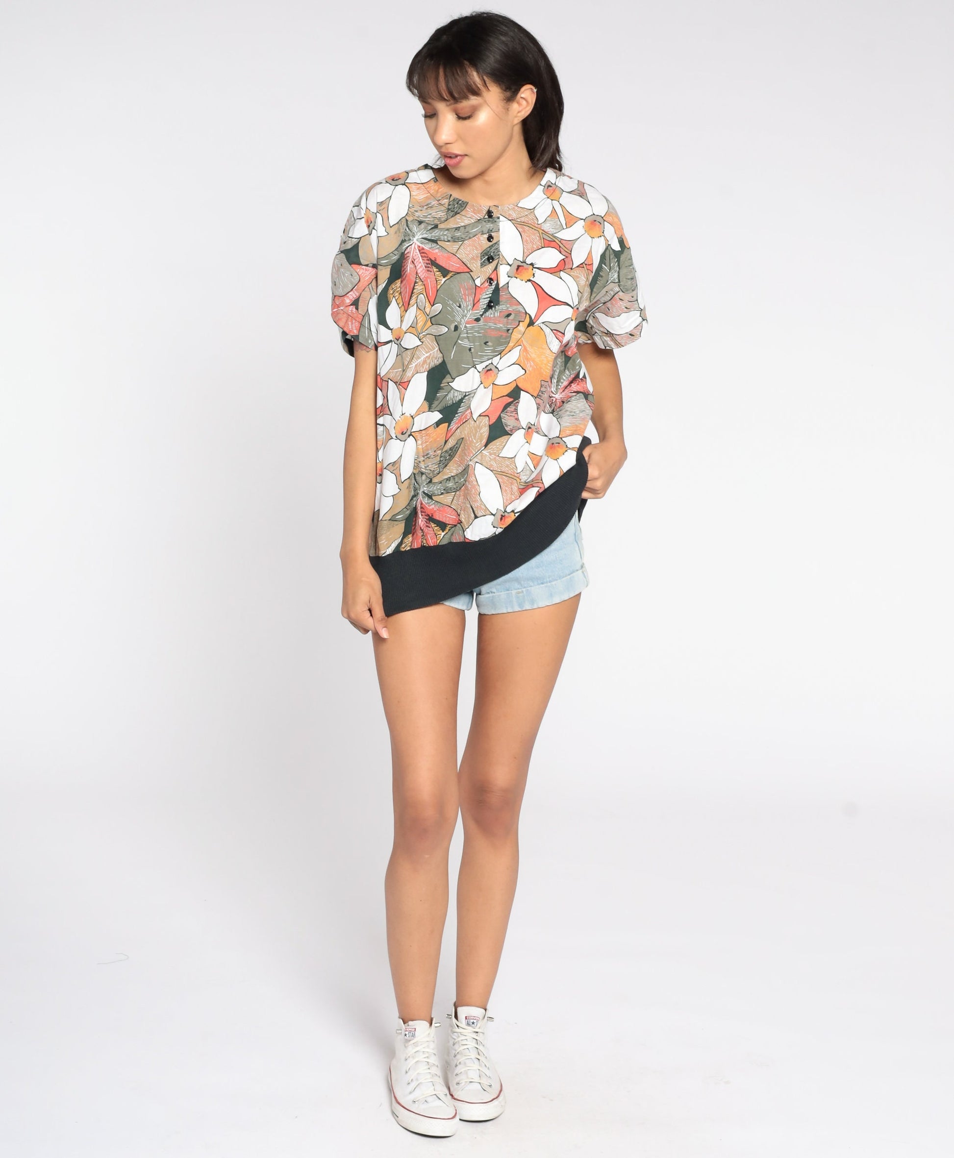 80s Tropical Floral Button-Up Blouse Short Sleeve Shirt Extra Large XL