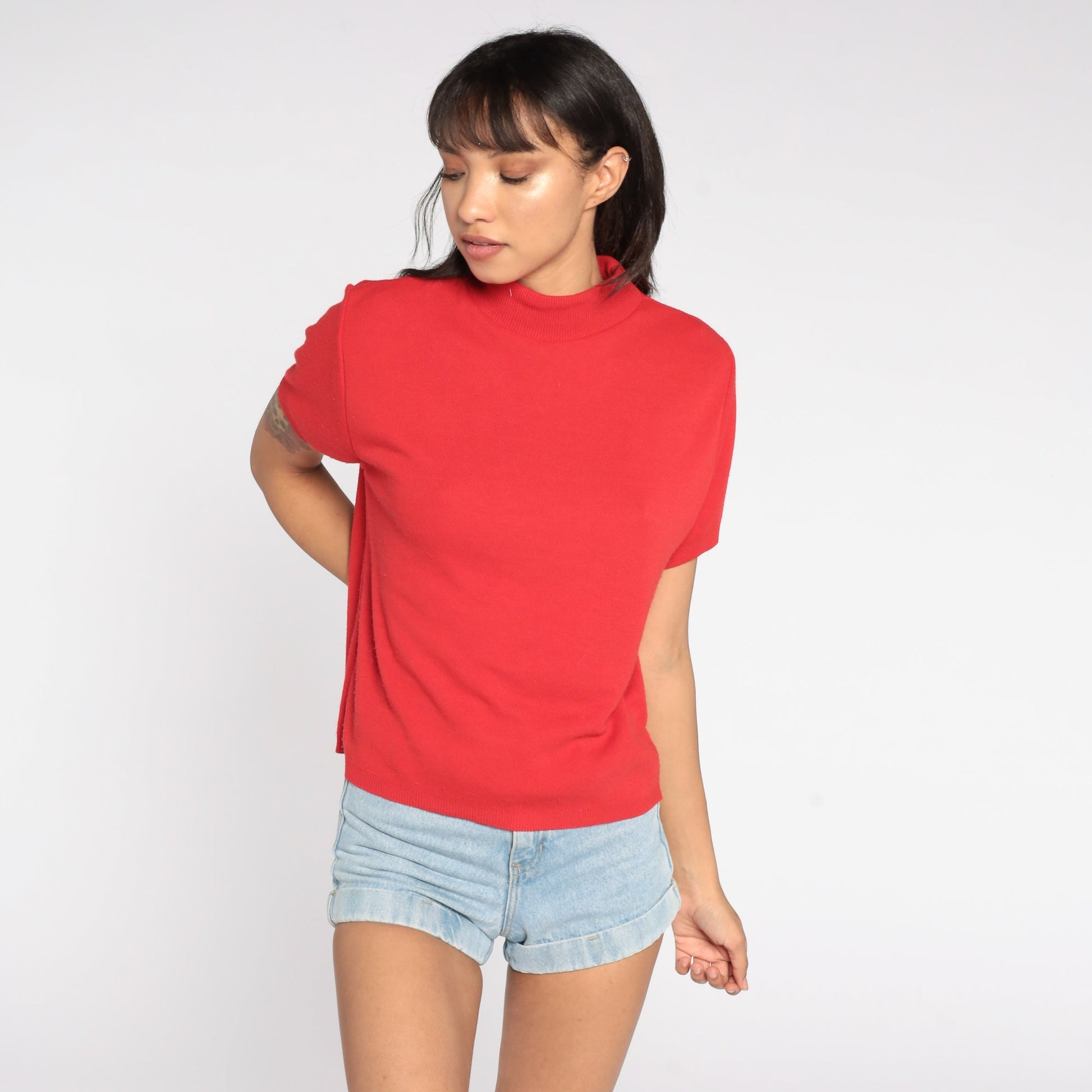 80s Red Mock Neck Knit Top Short Sleeve Vintage Sweater Medium