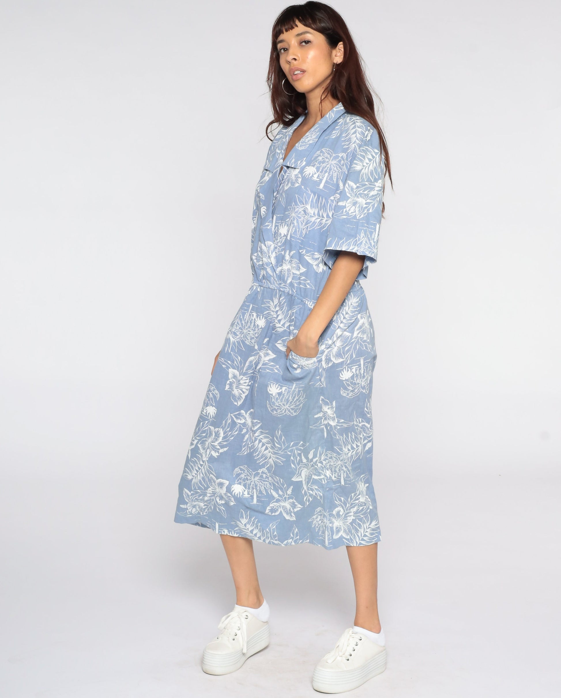 80s Tropical Palm Floral Midi Dress High Waist Wrap Blue Cotton Extra Large