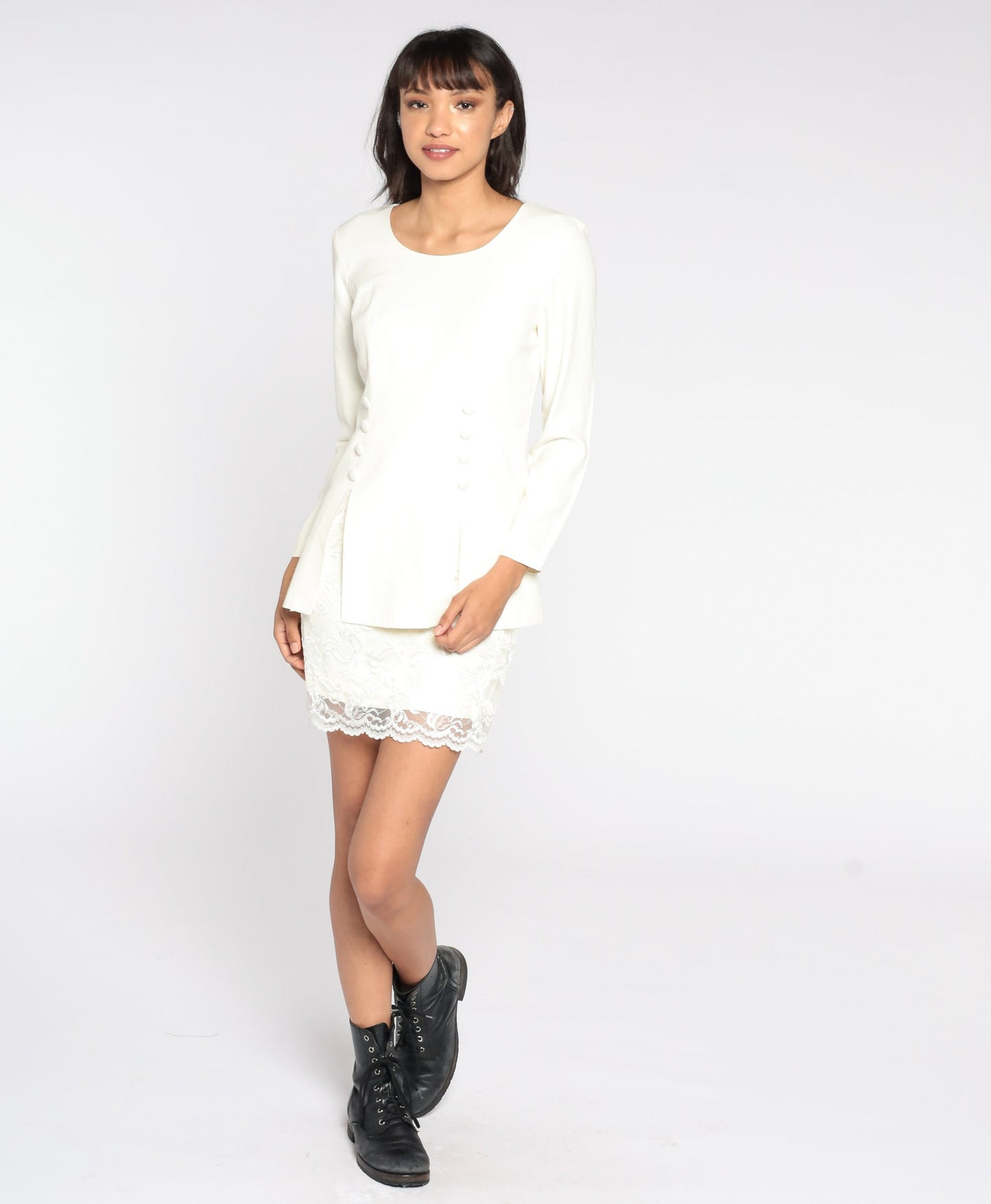 80s Cream Double Breasted Mini Dress Lace Trim Button Up Small
