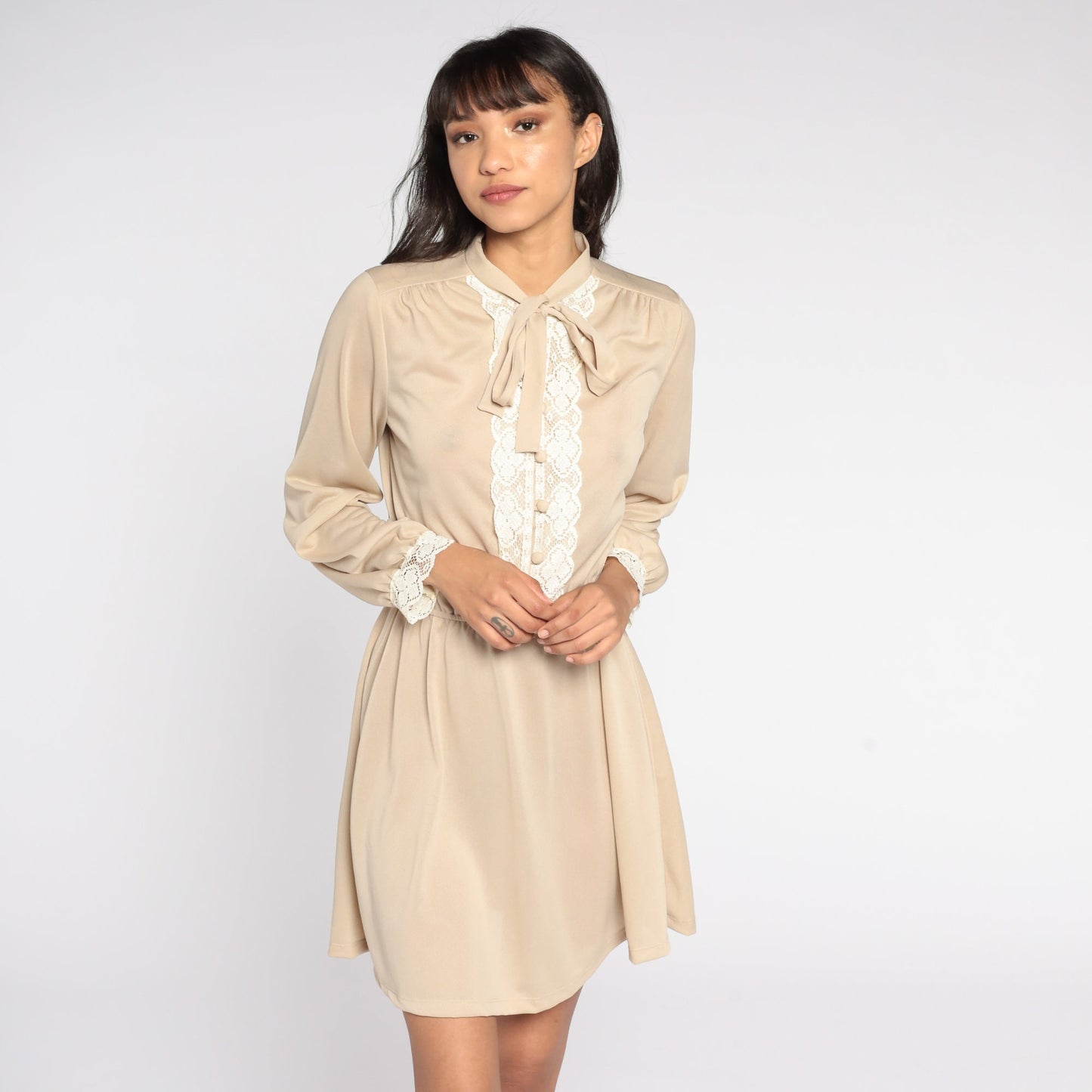 70s Toni Todd Secretary Dress Beige Lace Bow Button-Up Mini Medium