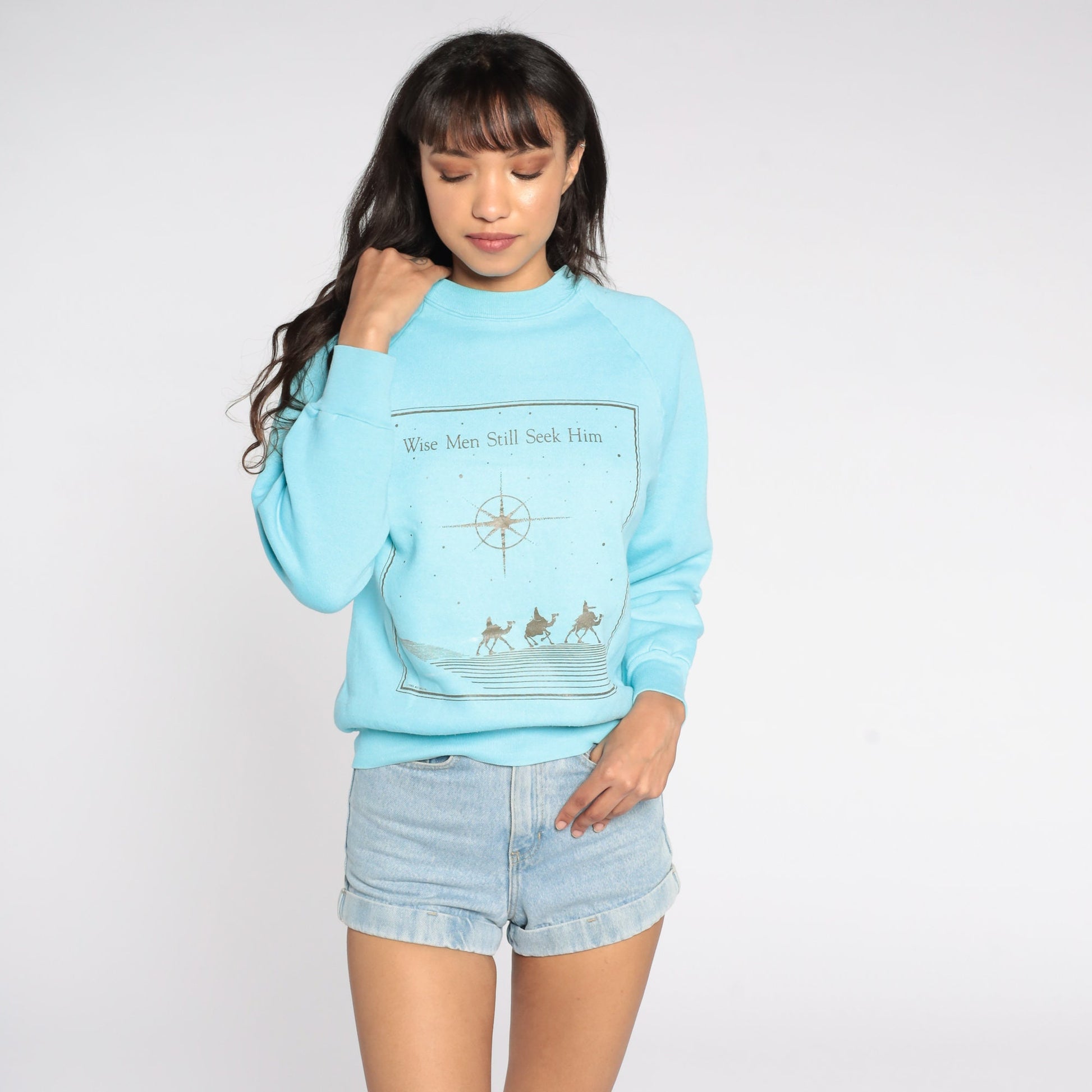 80s Three Wise Men Christian Sweatshirt Baby Blue Raglan Graphic Small