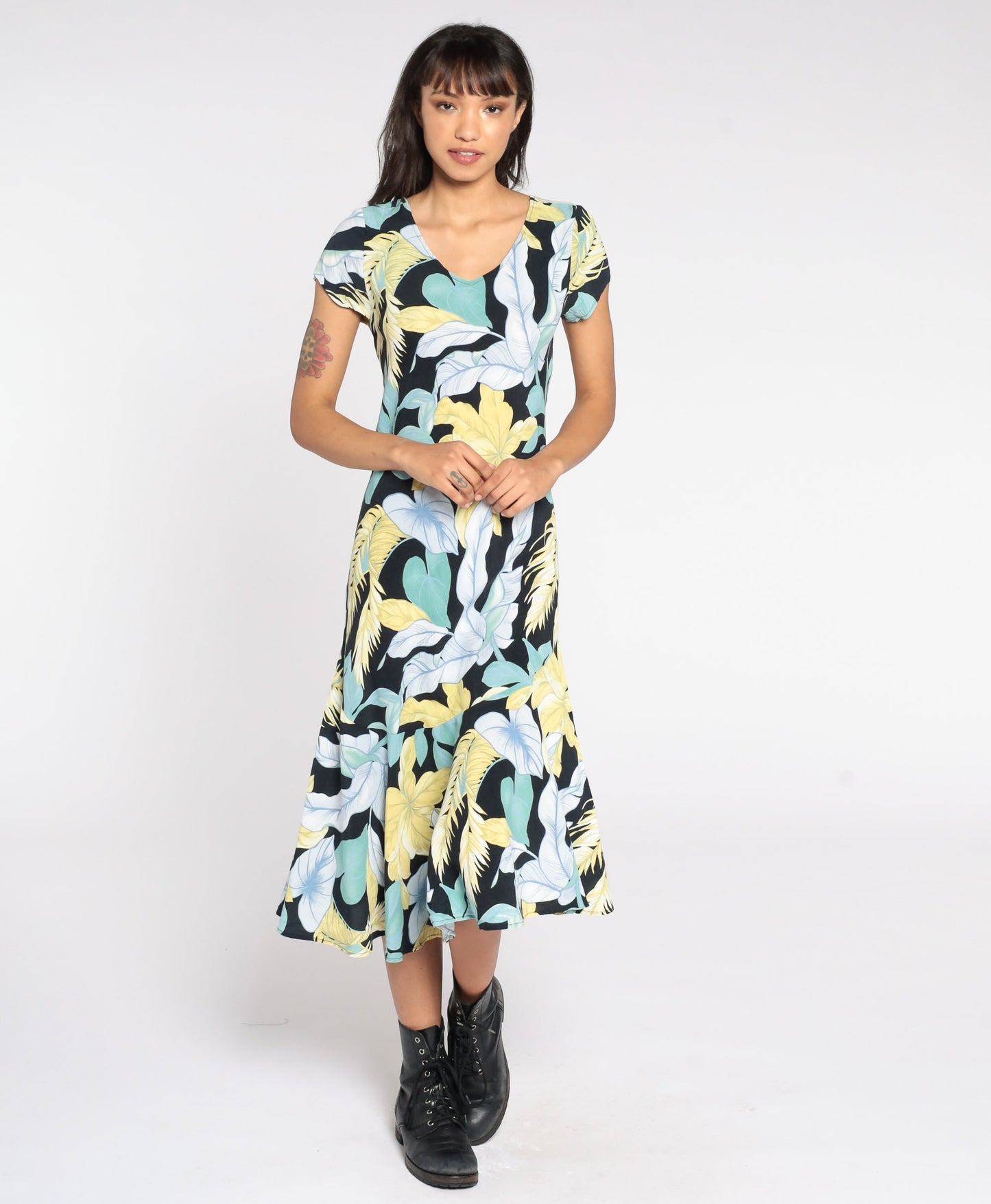 90s Tropical Leaf Print Shift Dress Black Blue Green Midi Small S