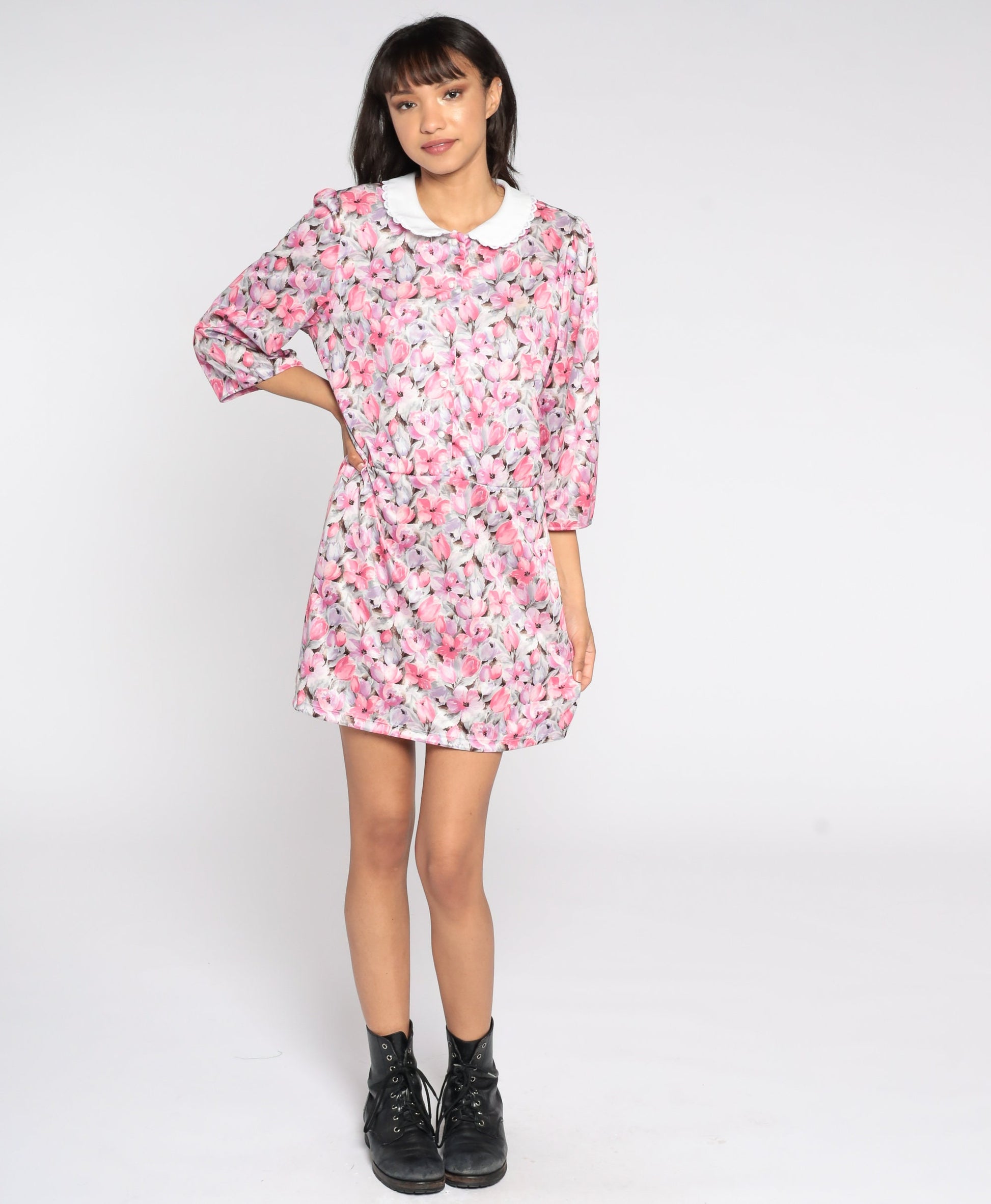 80s Pink Floral Mini Dress Peter Pan Collar Puff Sleeve Button Front Medium Large