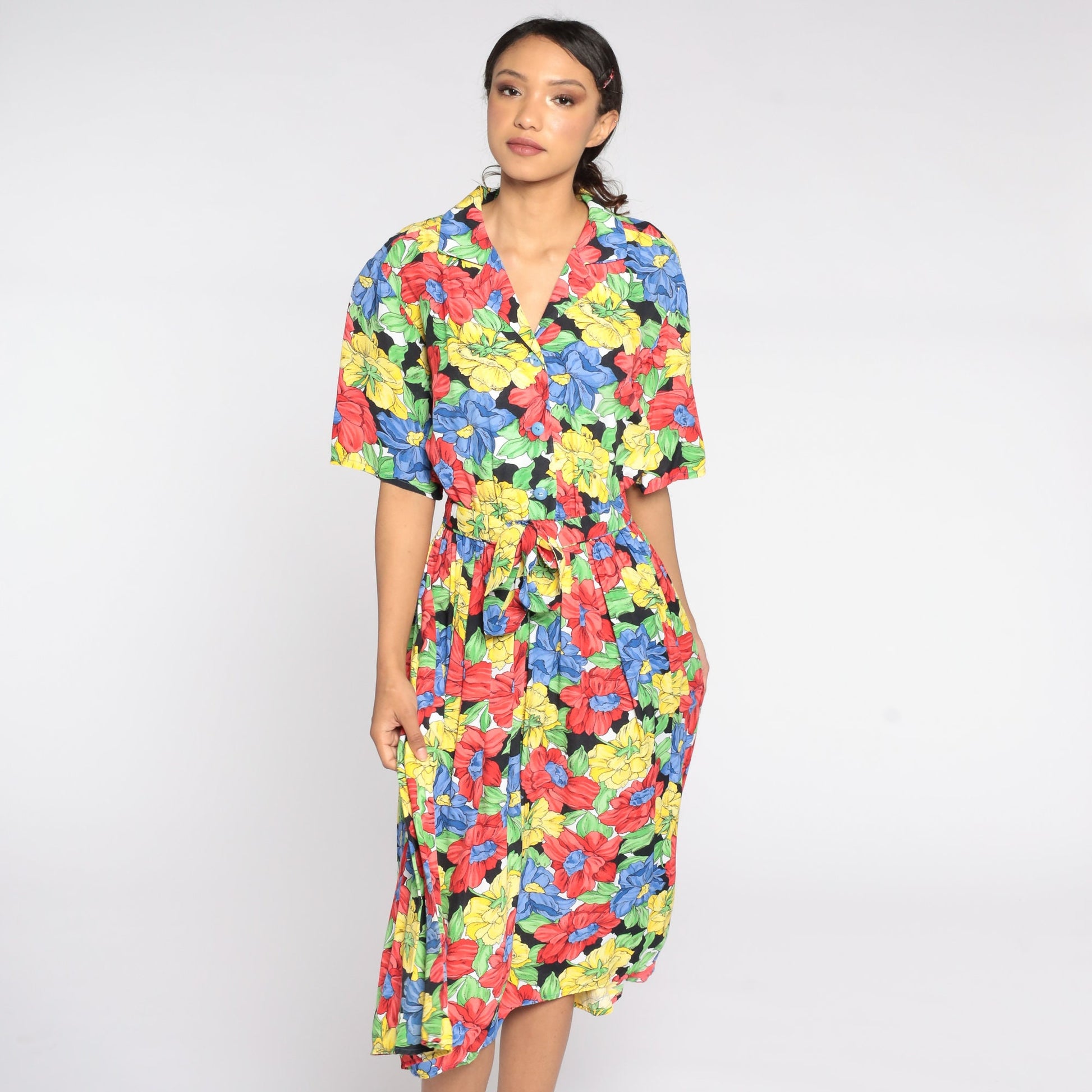80s Floral Midi Dress High Waist Button Front Short Sleeve Red Yellow Blue Medium Large