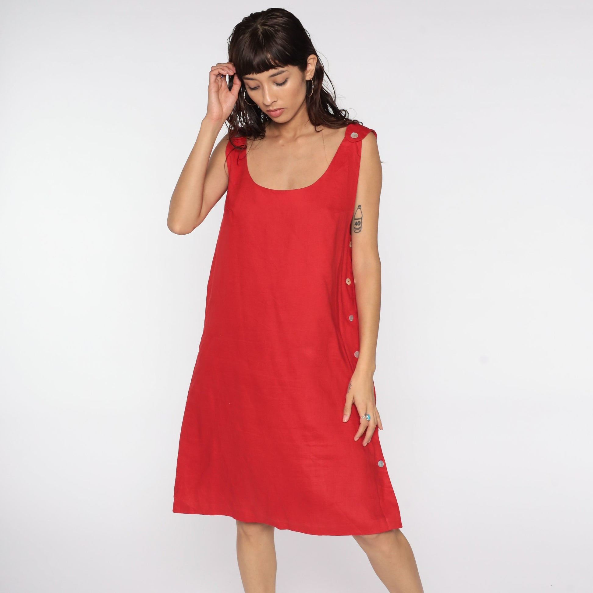 90s Rafaella Linen Jumper Dress Red Midi Sleeveless Button Side Medium