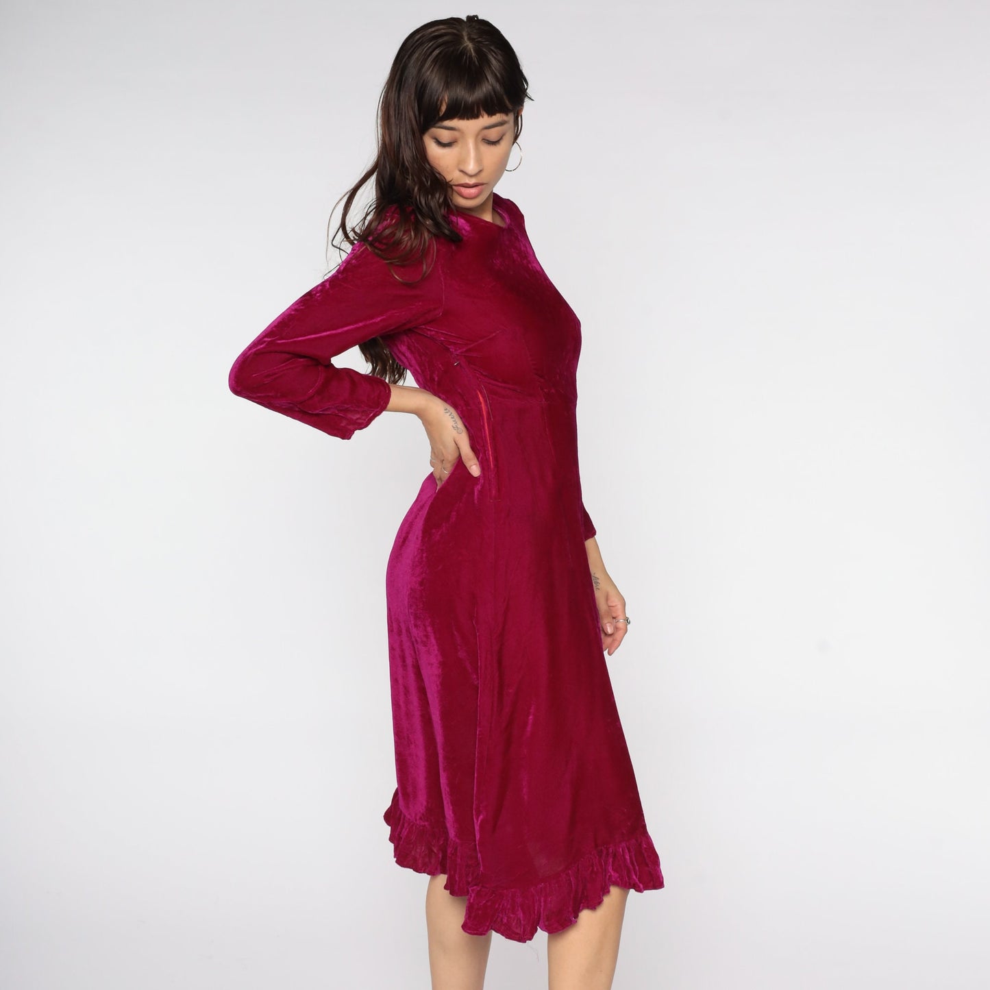 80s Raspberry Red Velvet Midi Dress High Waist Long Sleeve Small
