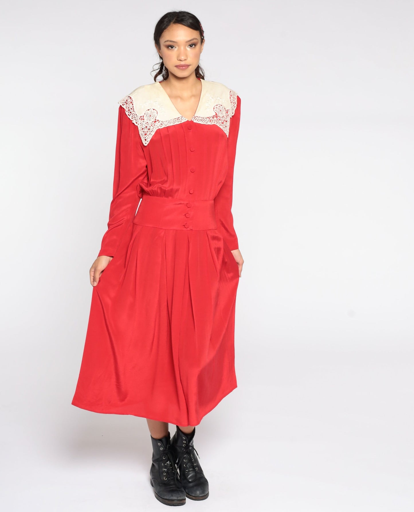 80s Red Midi Dress Lace Collar Button-Up Long Sleeve Small