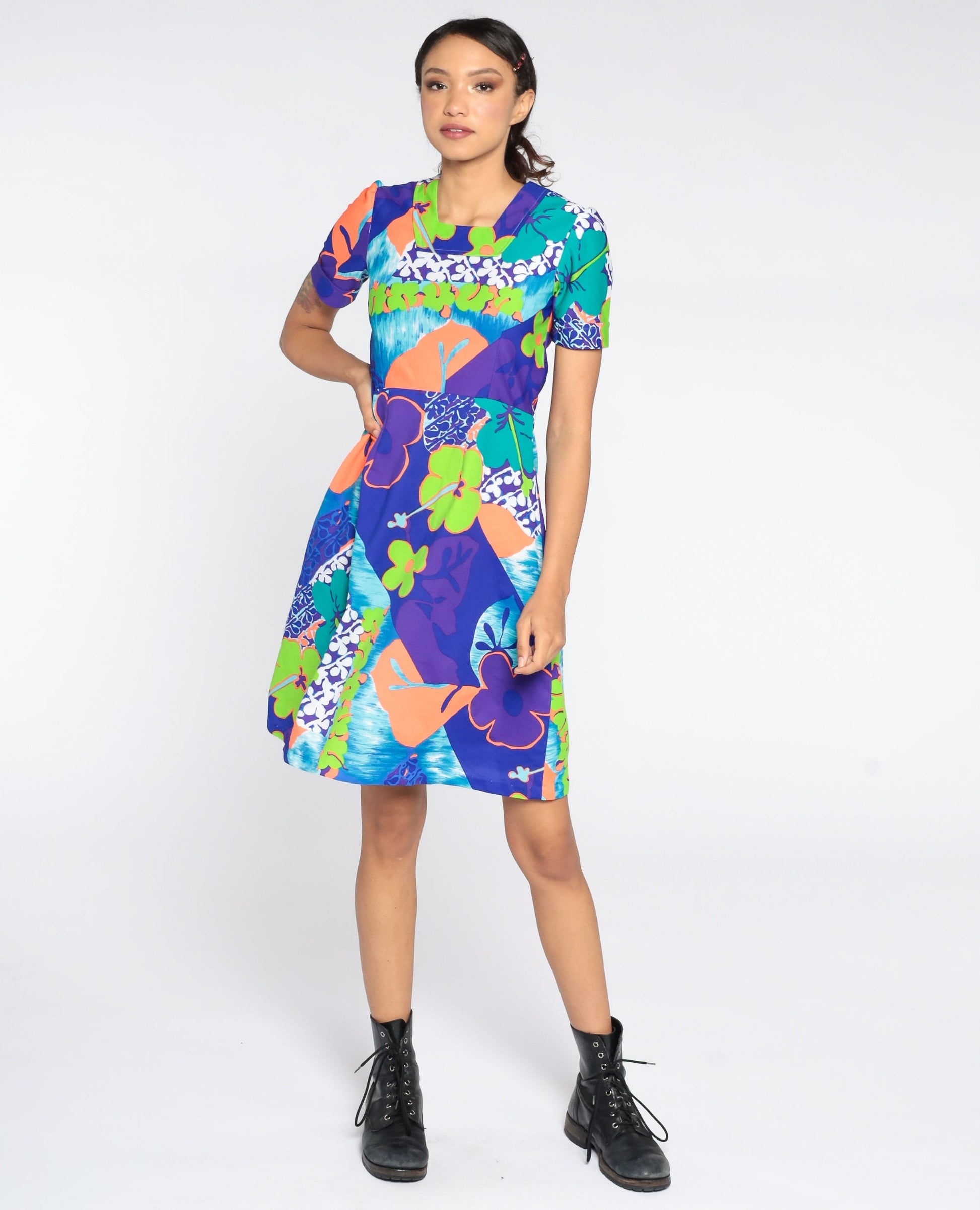 70s Floral Puff Sleeve Mini Dress Purple High Waist Knee Length Small