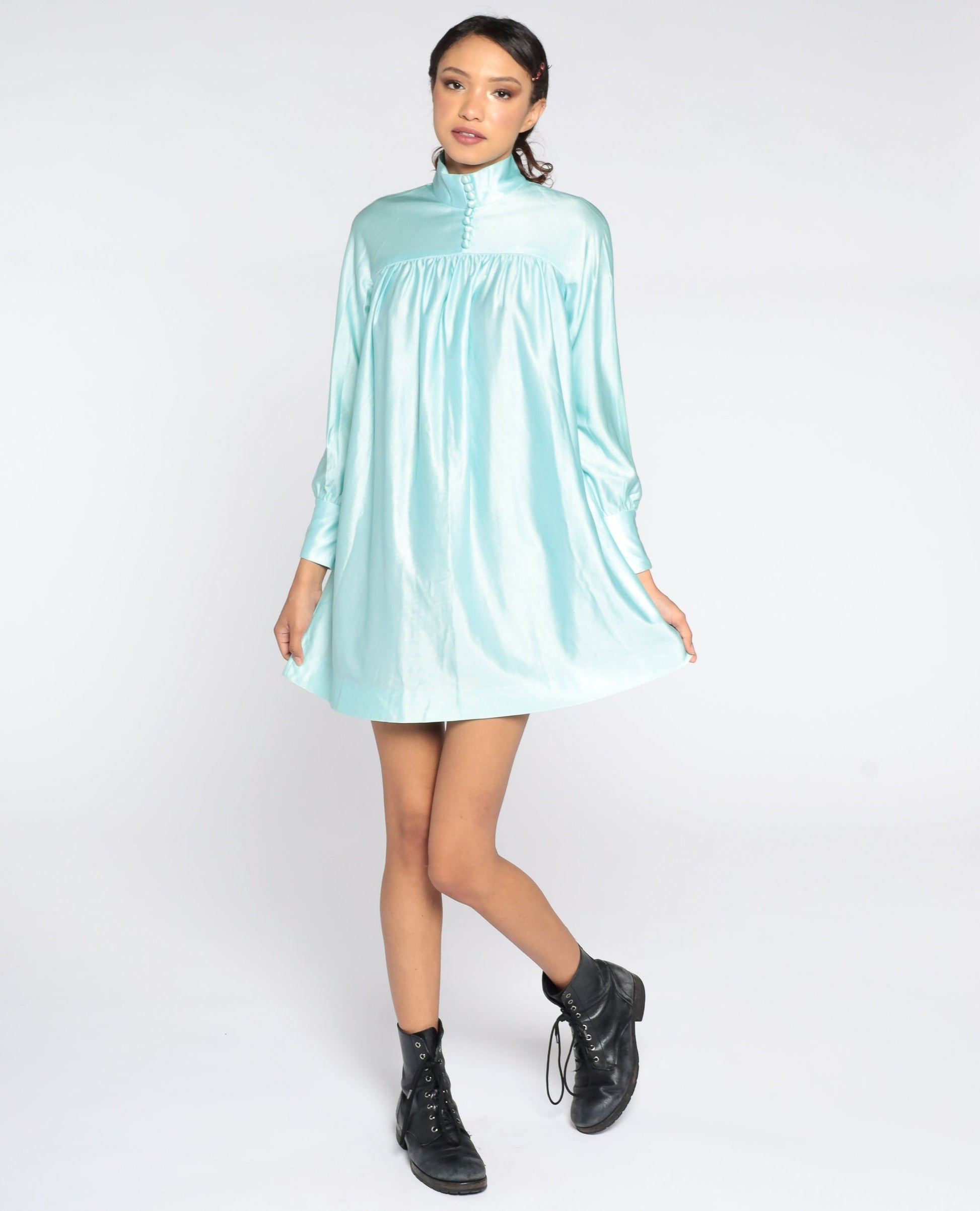 70s Blue Mock Neck Mini Dress Button-Up Tent Trapeze Cut Medium