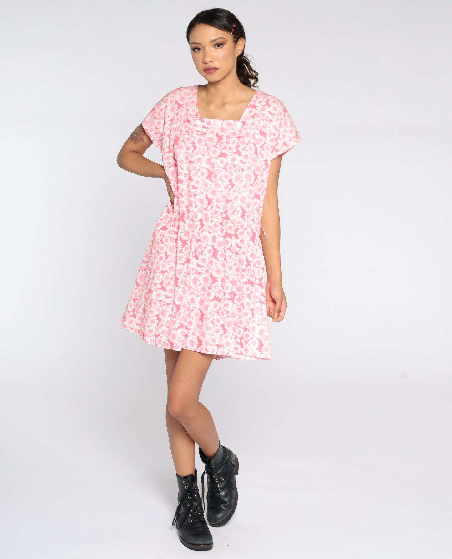 80s Pink Floral Mini Dress High Waist Square Neckline Cap Sleeve Extra Large