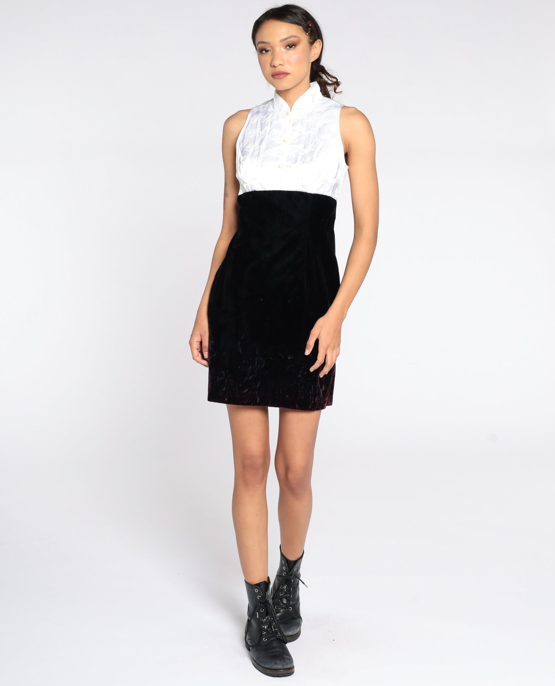 90s Zum Zum Black Velvet Mini Dress White Embroidered Bodice Small