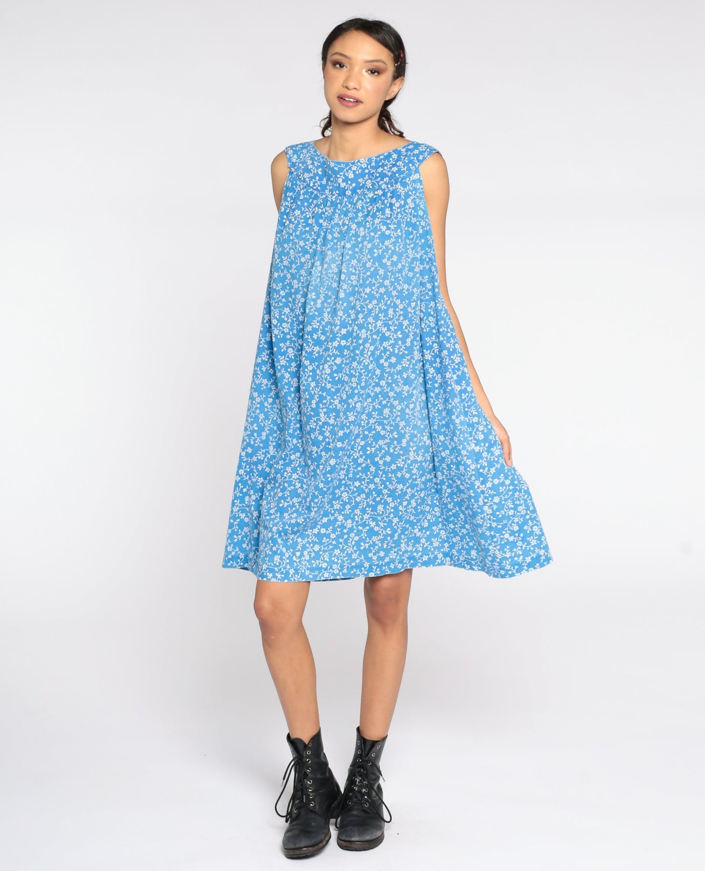 80s Blue Floral Trapeze Dress Sleeveless Knee-Length Large