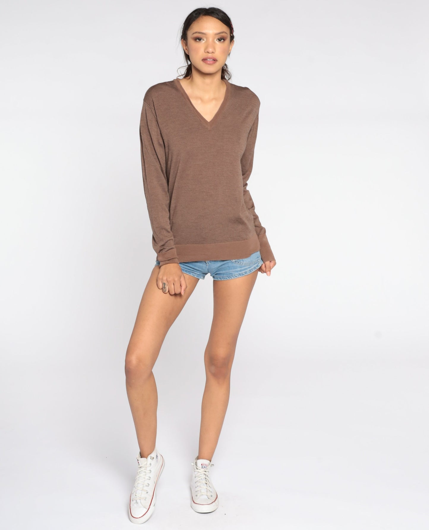 80s Brown Striped Wool V-Neck Sweater Pullover Medium