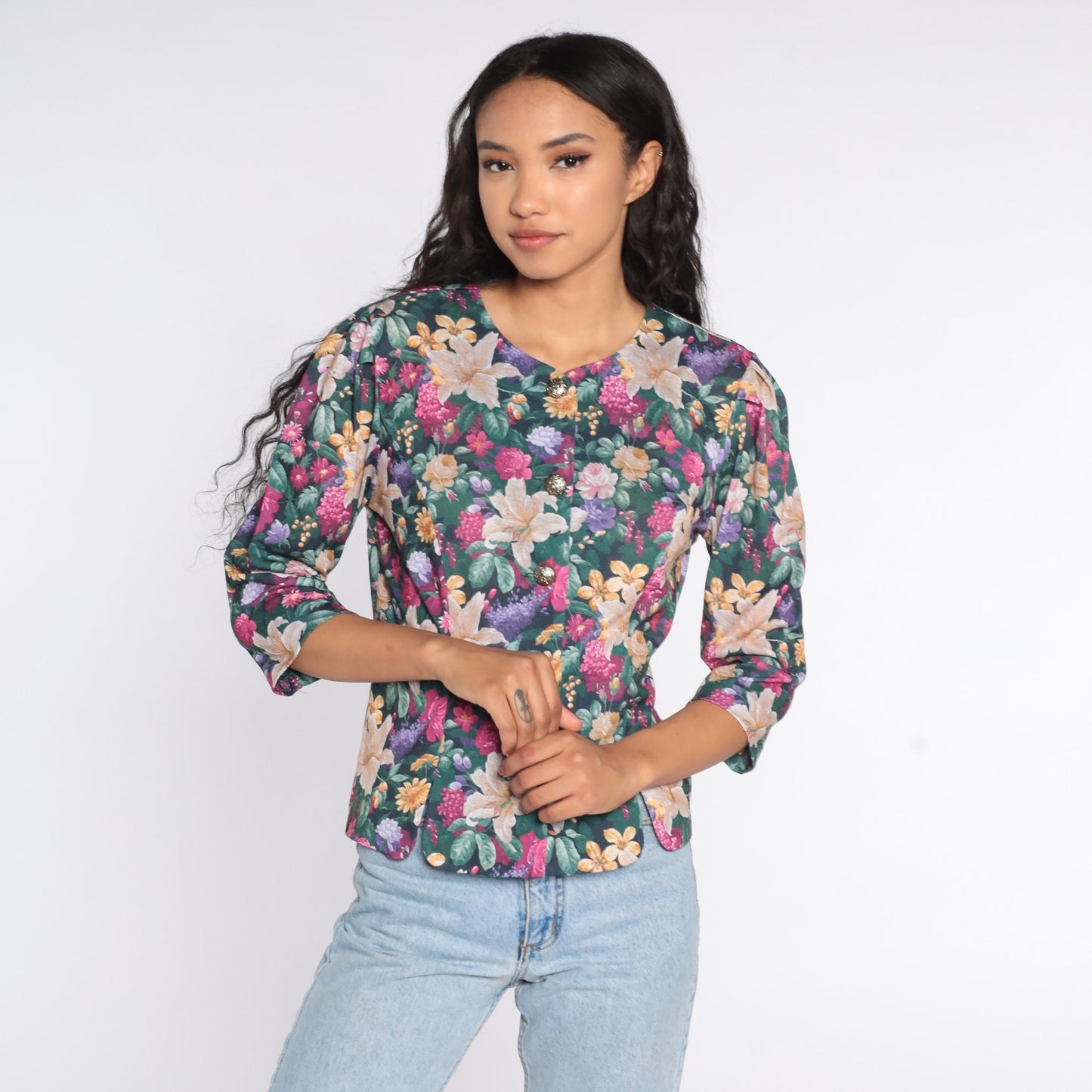 80s Floral Puff Sleeve Button-Up Blouse Polyester Medium
