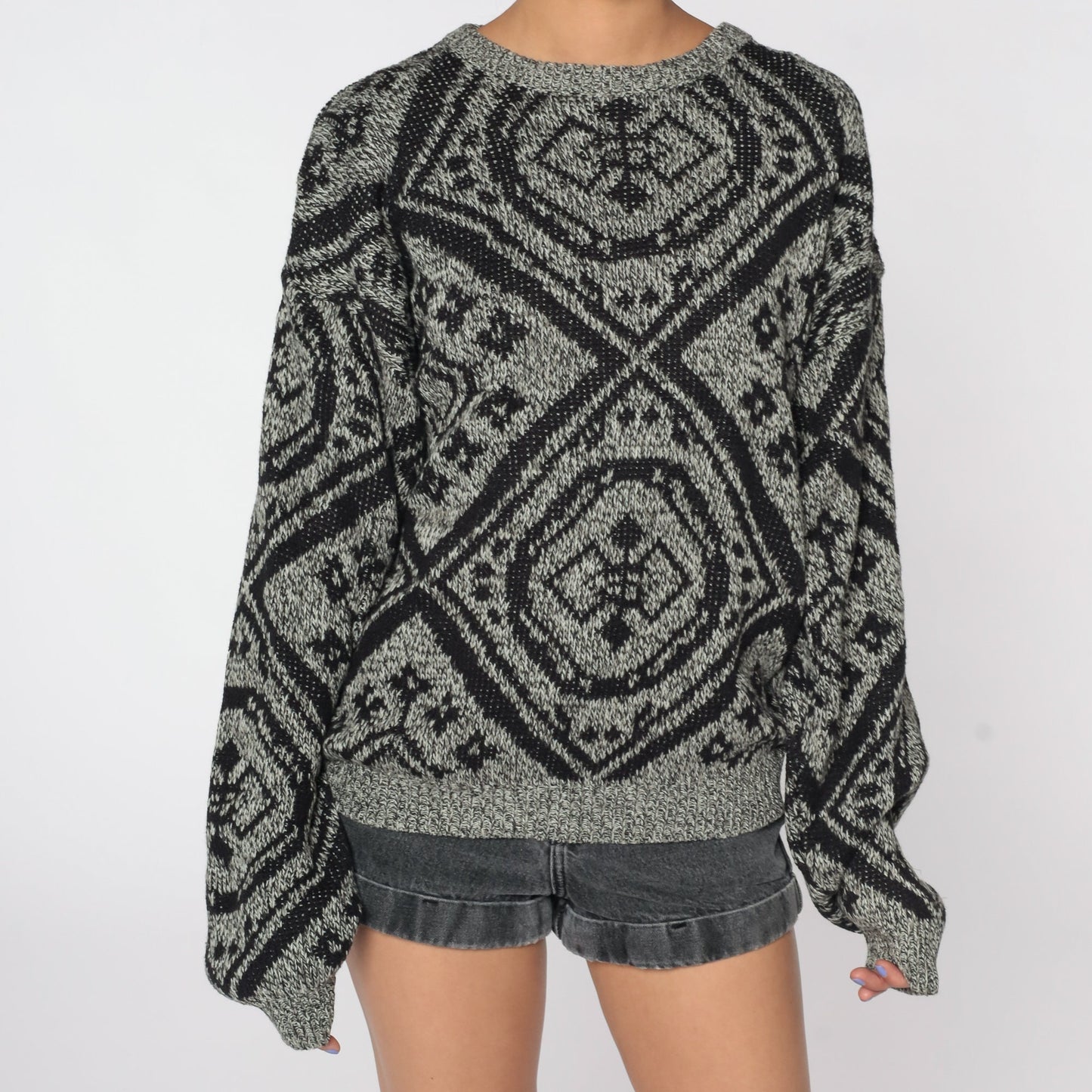 80s Geometric Knit Sweater Grey Jacquard Pullover Men's Medium
