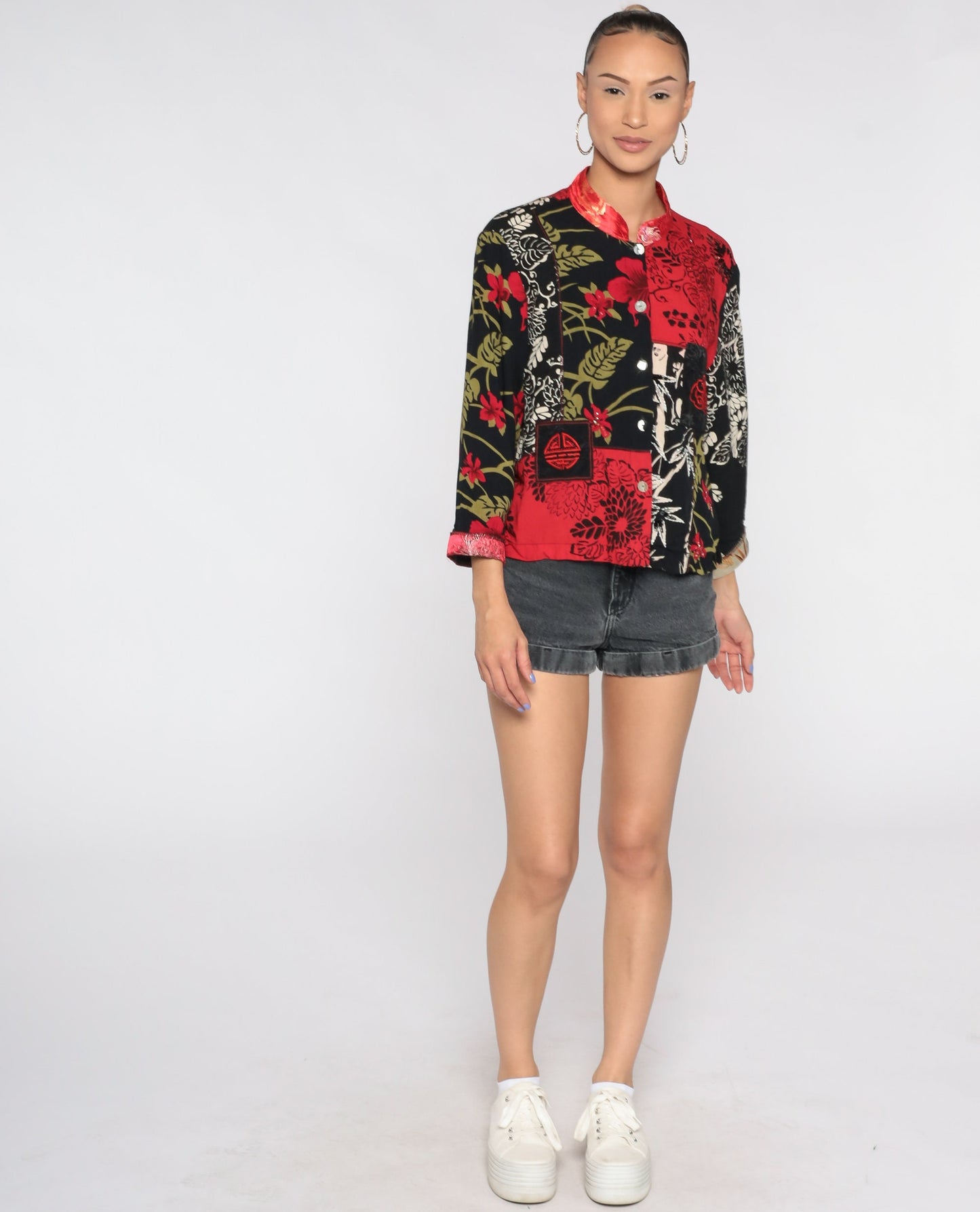 90s Floral Beaded Button Up Shirt Red Asian-Inspired Blouse Large L