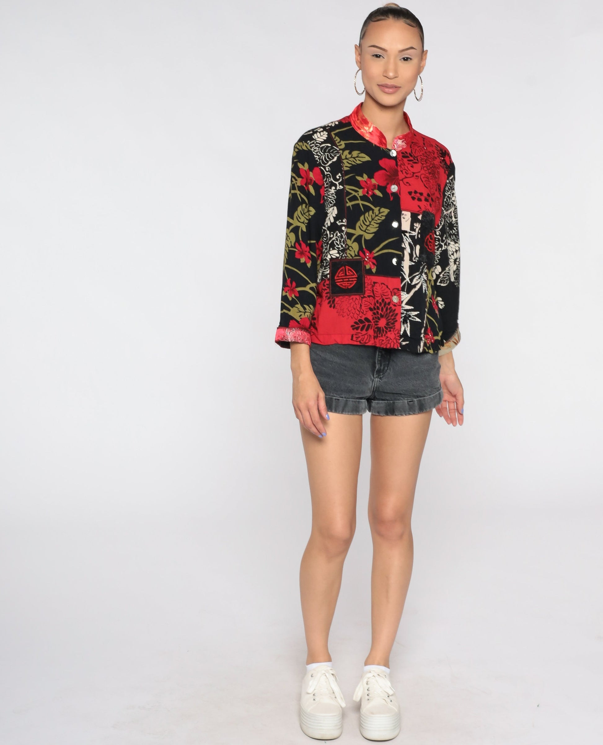 90s Floral Beaded Button Up Shirt Red Asian-Inspired Blouse Large L