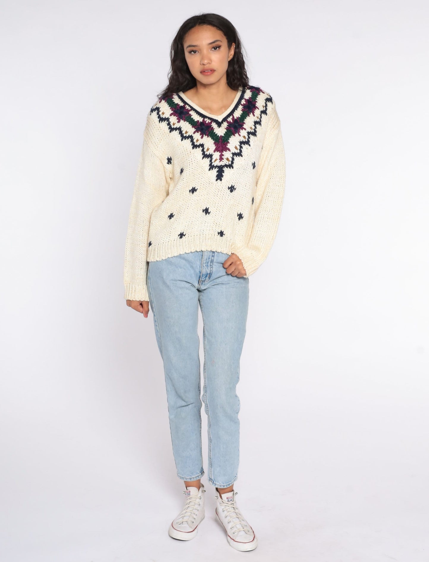 80s Cream Geometric V-Neck Sweater Knit Pullover Small
