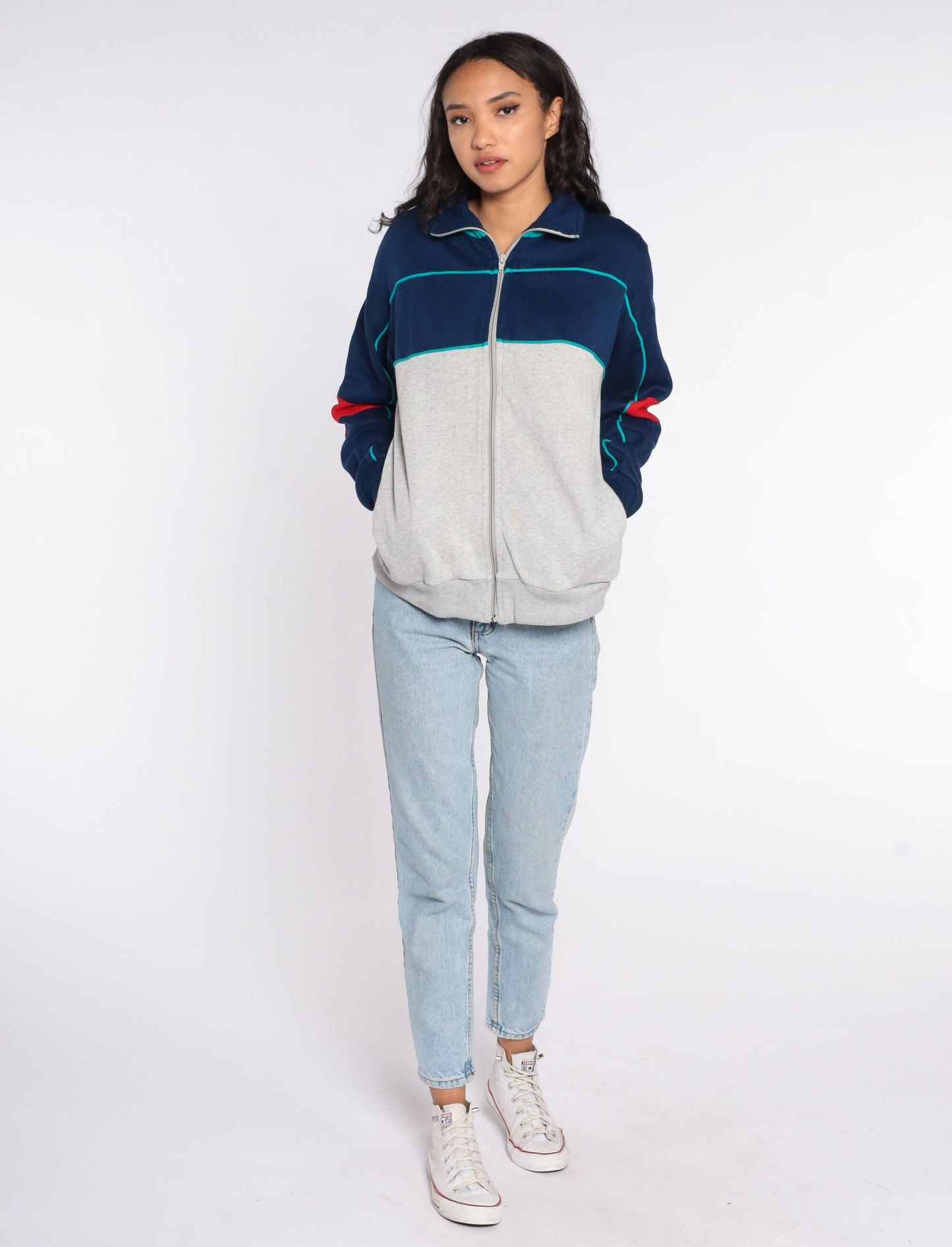 80s Track Jacket Blue Grey Zip Up Sweatshirt Medium