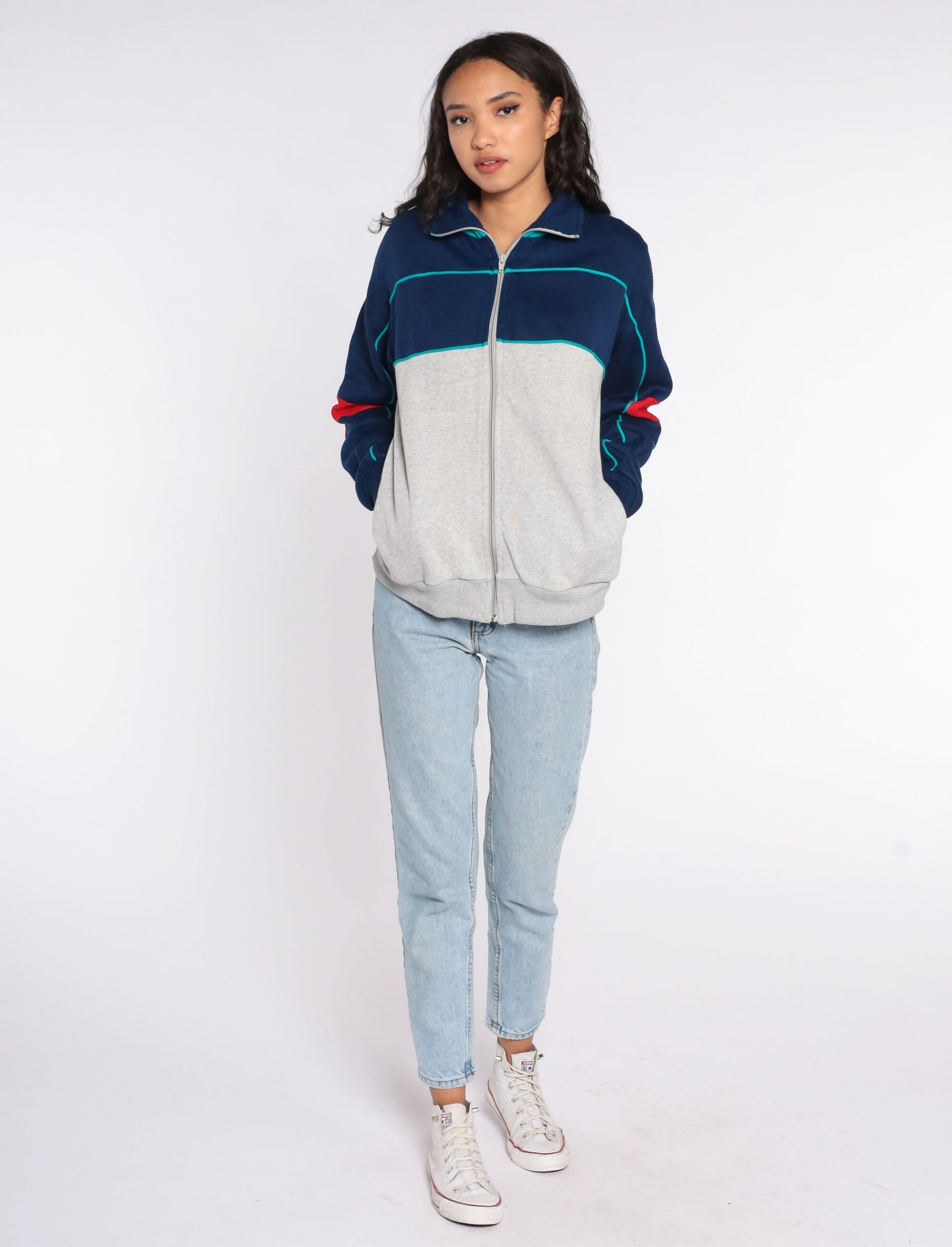80s Track Jacket Blue Grey Zip Up Sweatshirt Medium