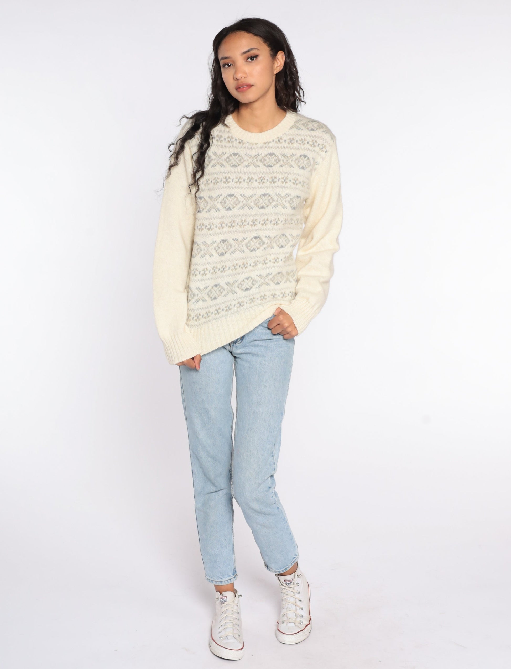 80s Cream Geometric Wool Blend Sweater Knit Pullover Medium