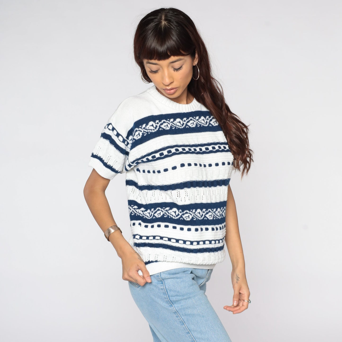 80s Knit Sweater Top White Striped Leaf Design Short Sleeve Large L